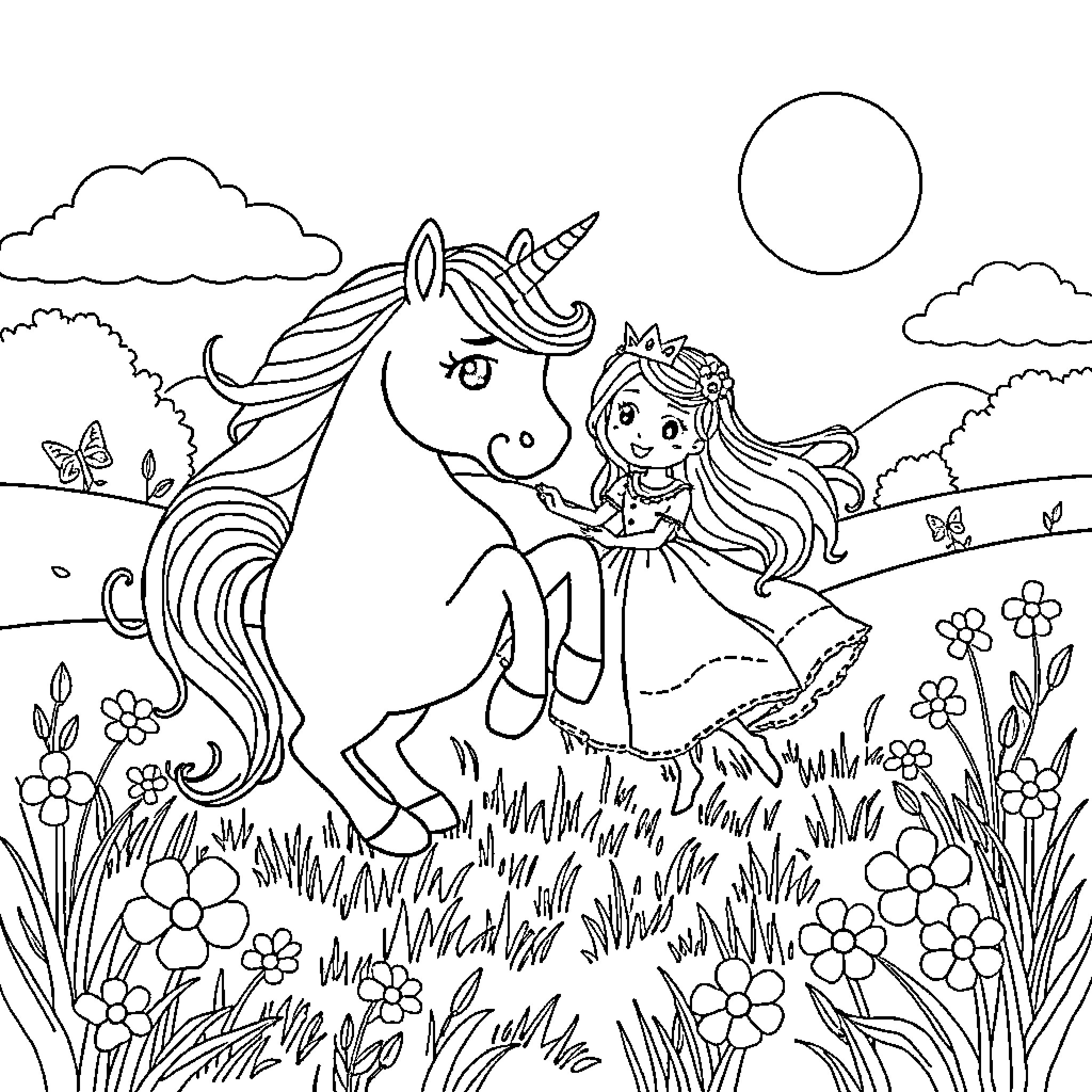 Unicorn and girl exploring enchanted meadow Coloring Page (free black-and-white line drawing printable PDF for all, from beginners to advanced learners, including children, teens, adults, and seniors)