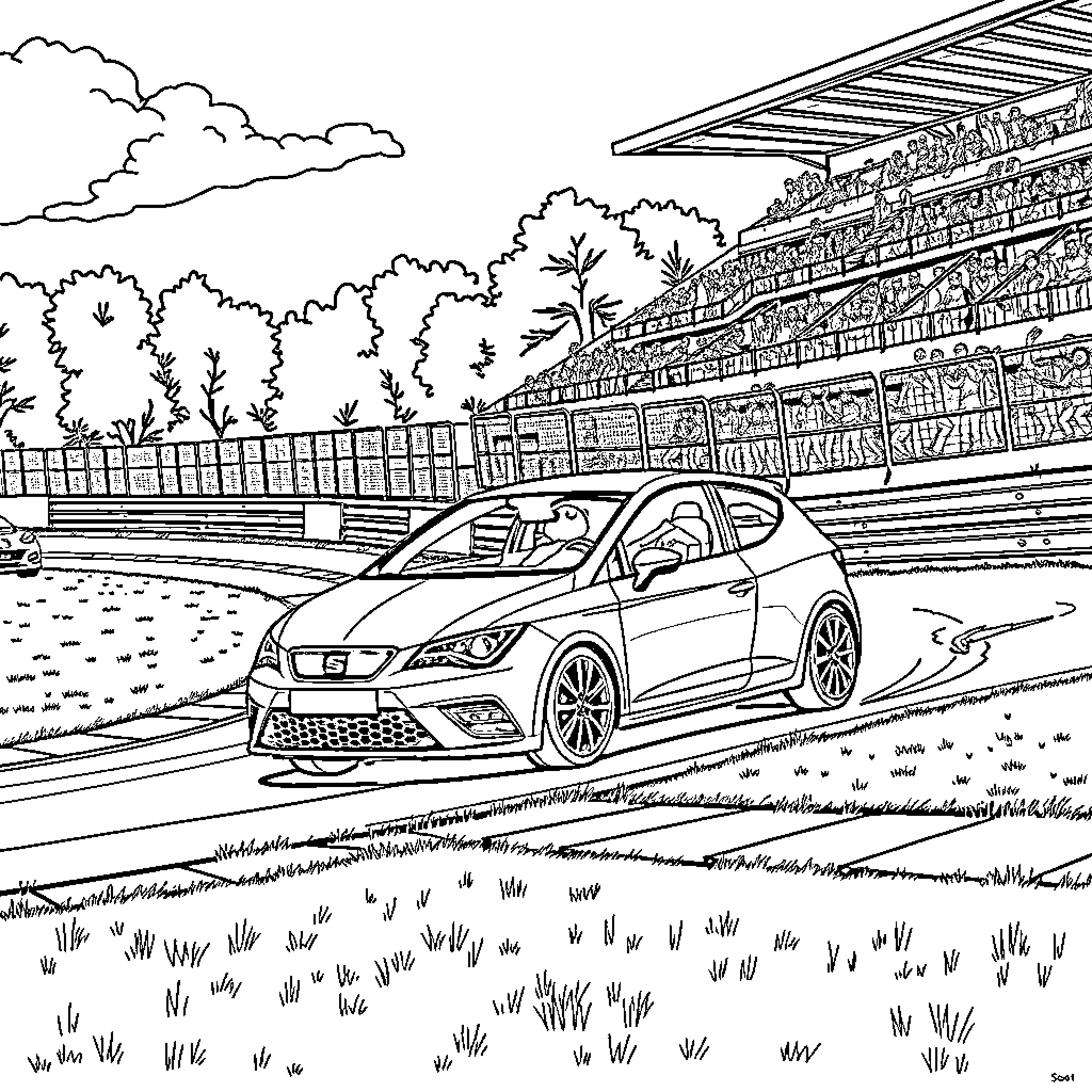 Seat Ibiza speeding along the racetrack Coloring Page (free black-and-white line drawing printable PDF for all, from beginners to advanced learners, including children, teens, adults, and seniors)