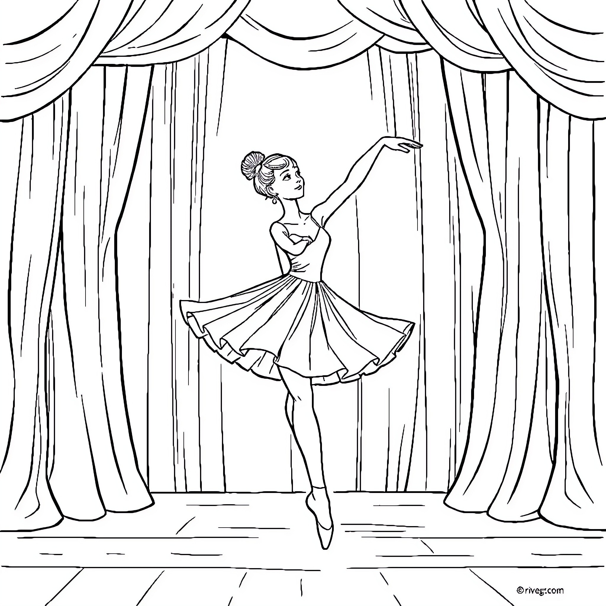 Ballerina gracefully performing on stage Coloring Page (free black-and-white line drawing printable PDF for all, from beginners to advanced learners, including children, teens, adults, and seniors)