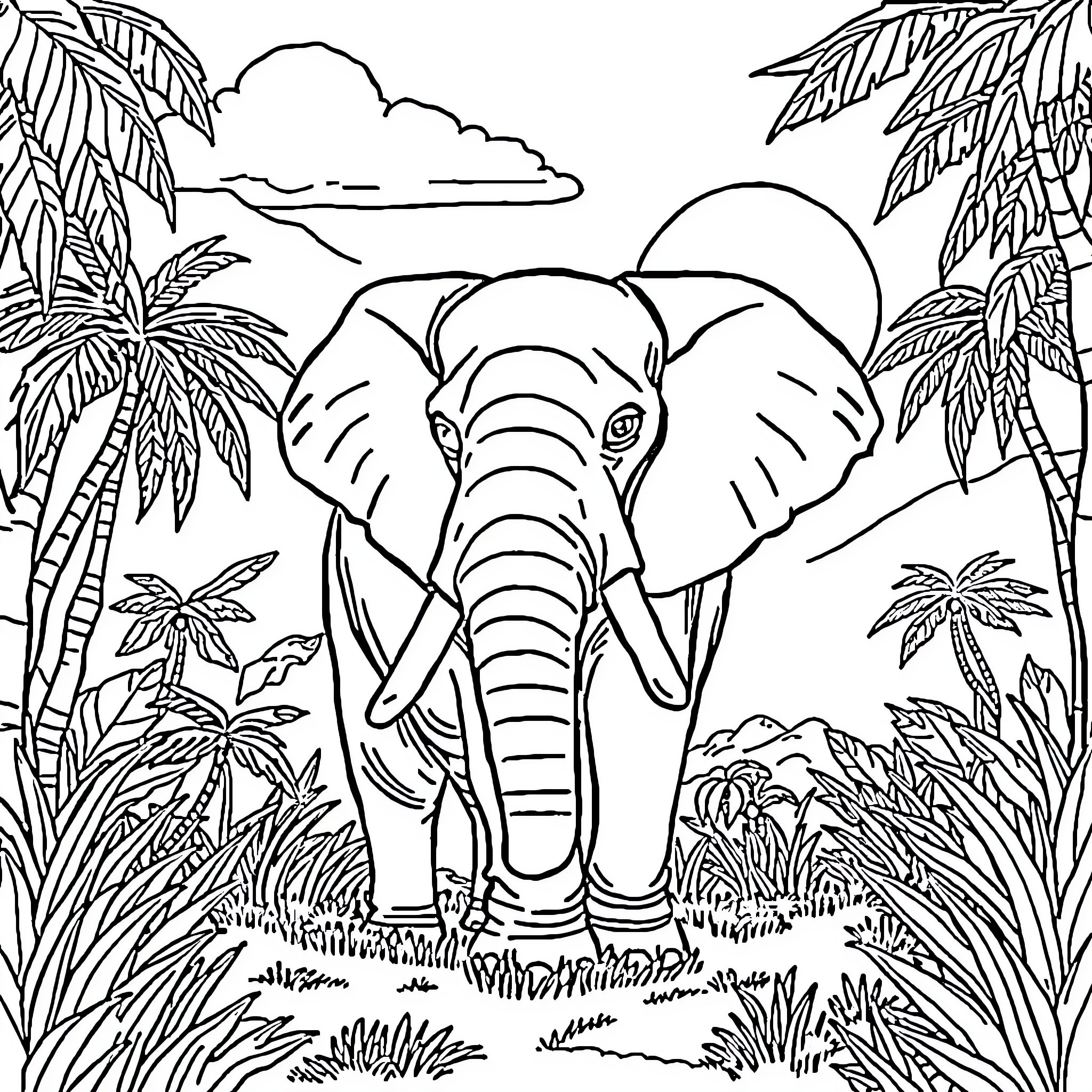 Elephant roaming through a tropical jungle landscape Coloring Page (free black-and-white line drawing printable PDF for all, from beginners to advanced learners, including children, teens, adults, and seniors)