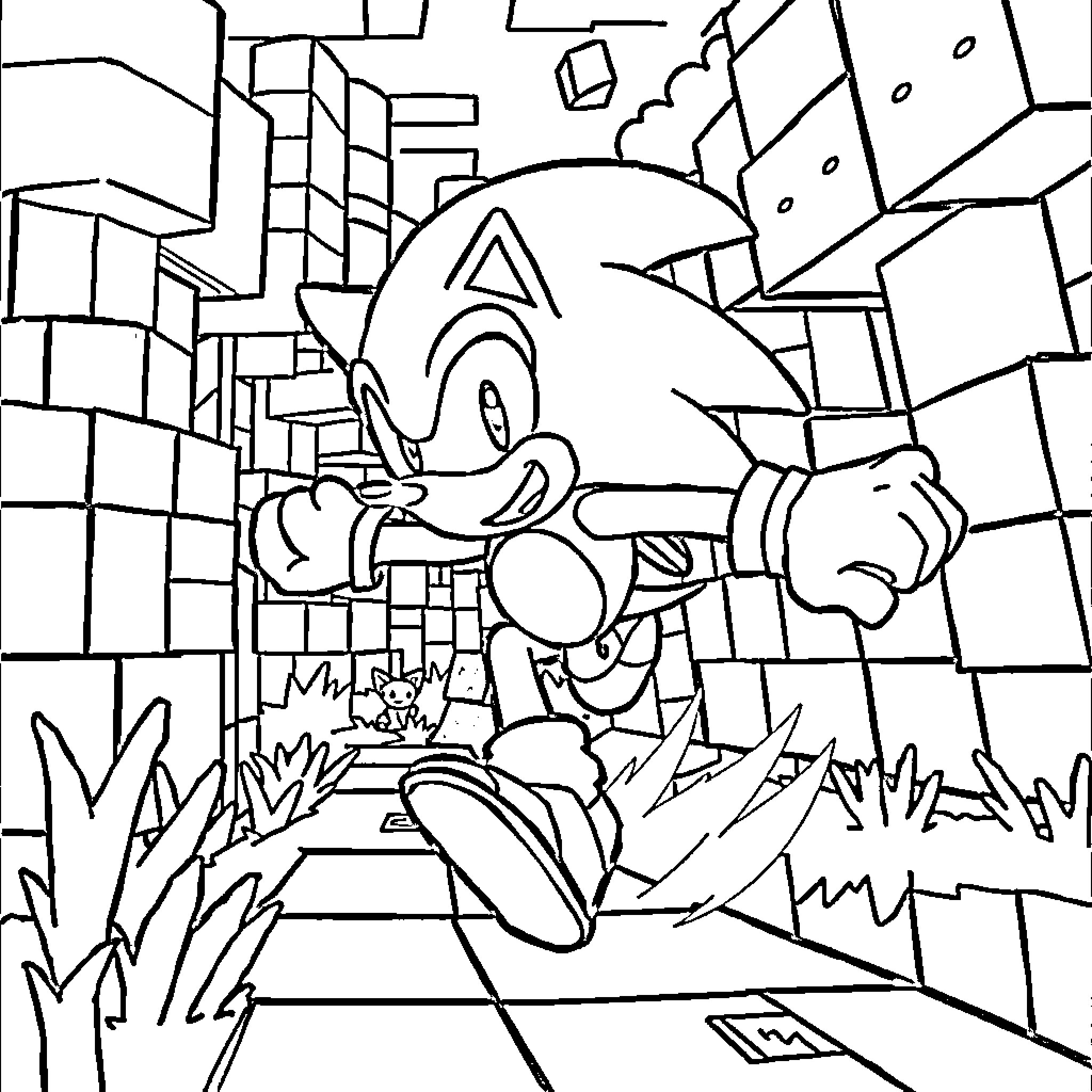 Sonic Exploring the Vibrant City Landscape Coloring Page (free black-and-white line drawing printable PDF for all, from beginners to advanced learners, including children, teens, adults, and seniors)
