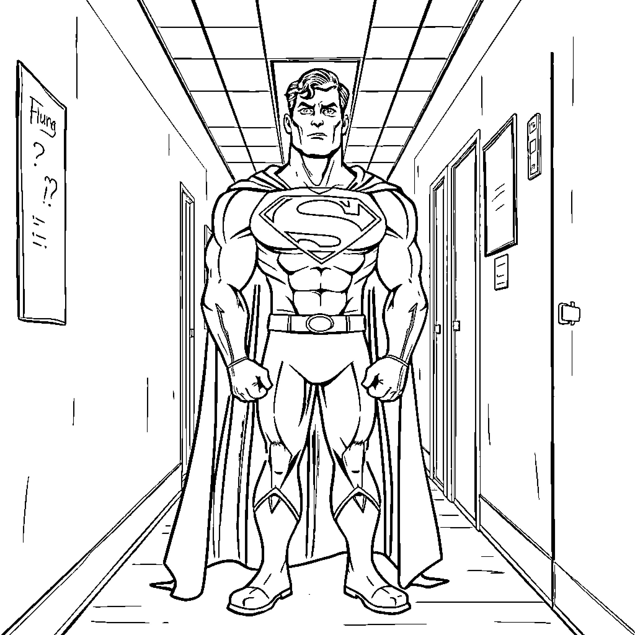 Superman standing tall in a corridor Coloring Page (free black-and-white line drawing printable PDF for all, from beginners to advanced learners, including children, teens, adults, and seniors)