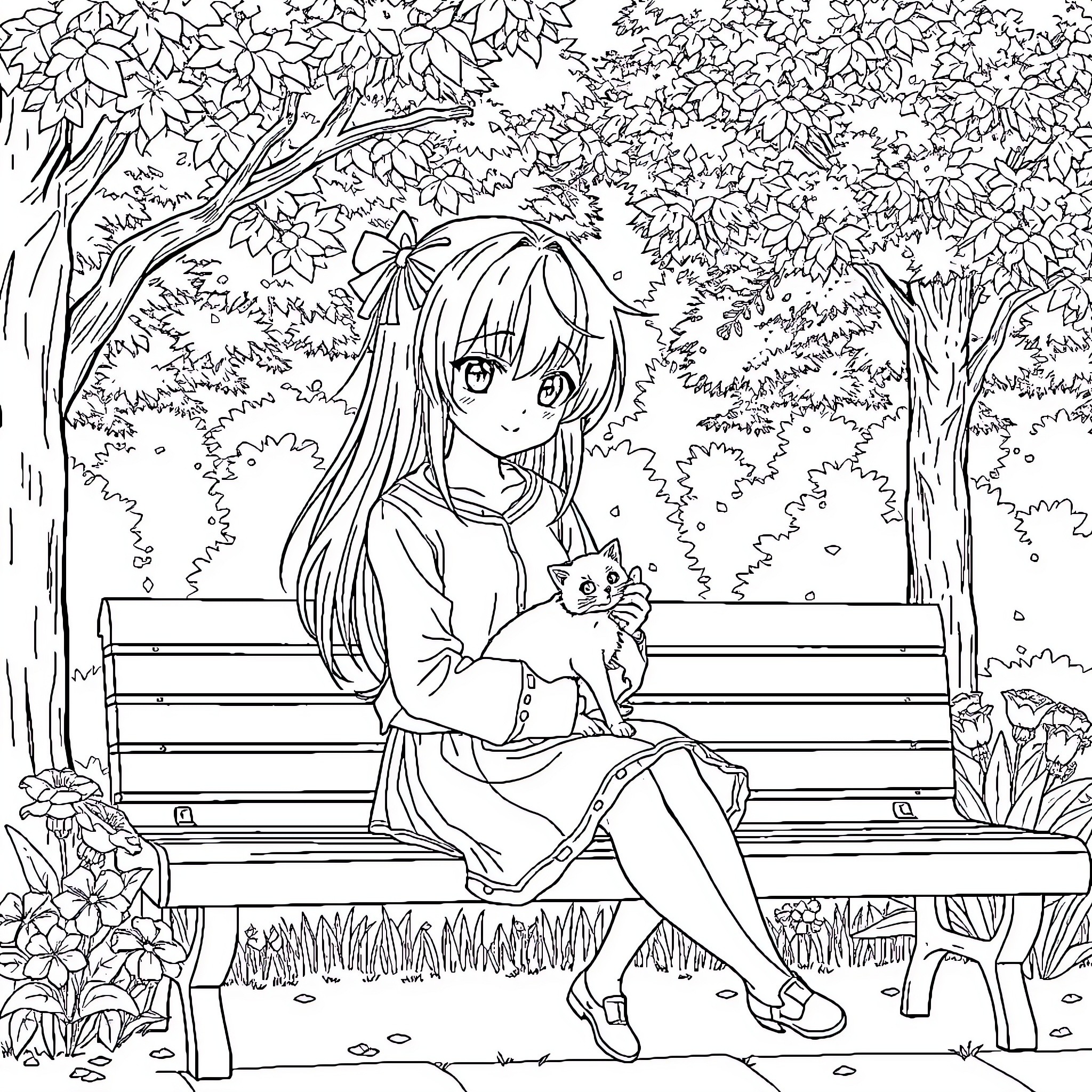 Anime Girl Sitting on Bench in Flower Garden Coloring Page (free black-and-white line drawing printable PDF for all, from beginners to advanced learners, including children, teens, adults, and seniors)