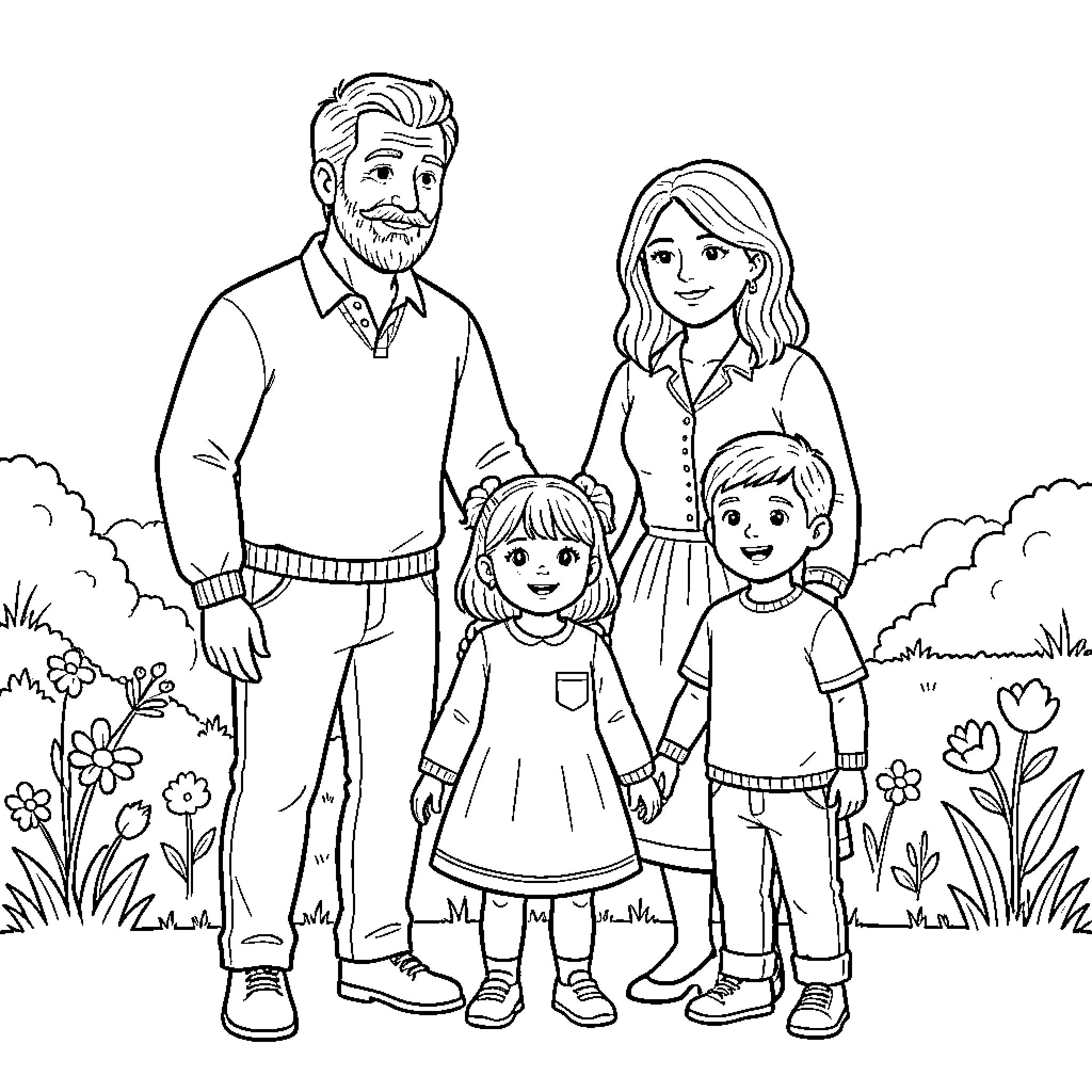 Family posing together in a garden setting Coloring Page (free black-and-white line drawing printable PDF for all, from beginners to advanced learners, including children, teens, adults, and seniors)