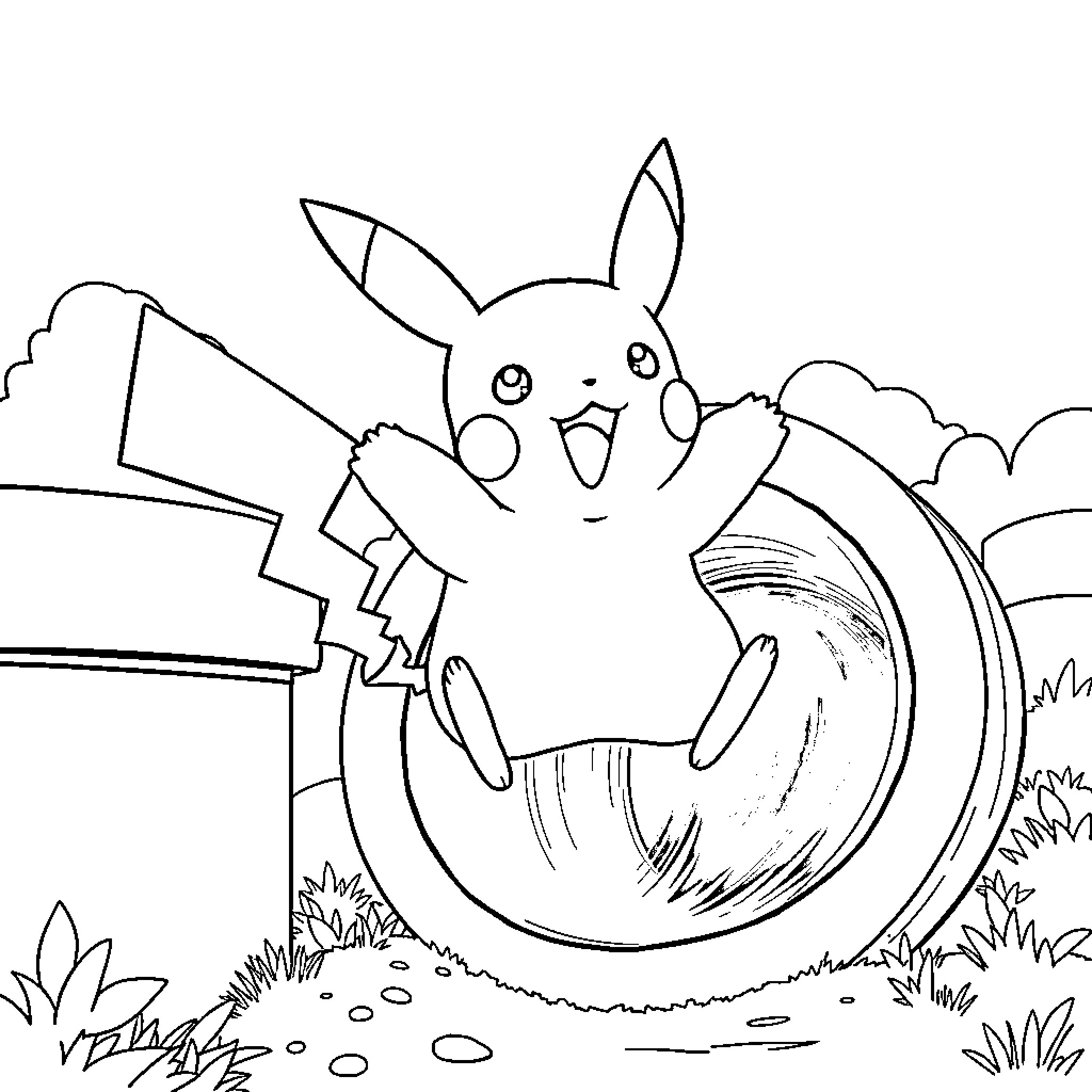 Pikachu playing joyfully in the countryside Coloring Page (free black-and-white line drawing printable PDF for all, from beginners to advanced learners, including children, teens, adults, and seniors)