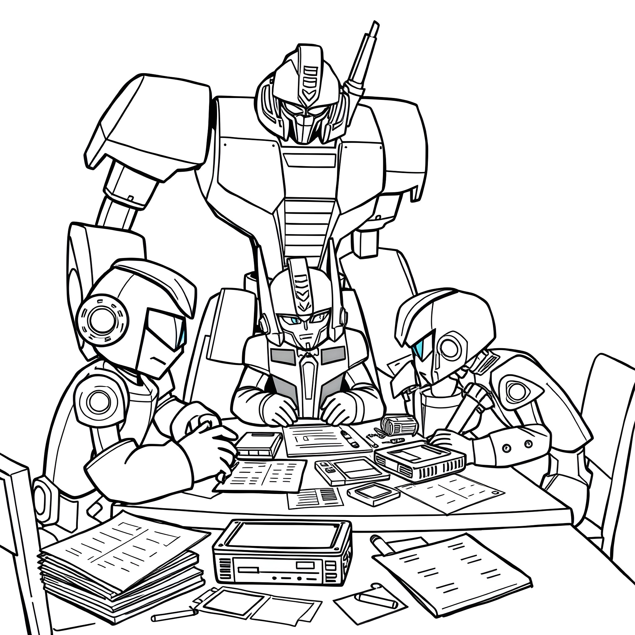 Whirl of Robotic Activity on Cluttered Desk Coloring Page (free black-and-white line drawing printable PDF for all, from beginners to advanced learners, including children, teens, adults, and seniors)