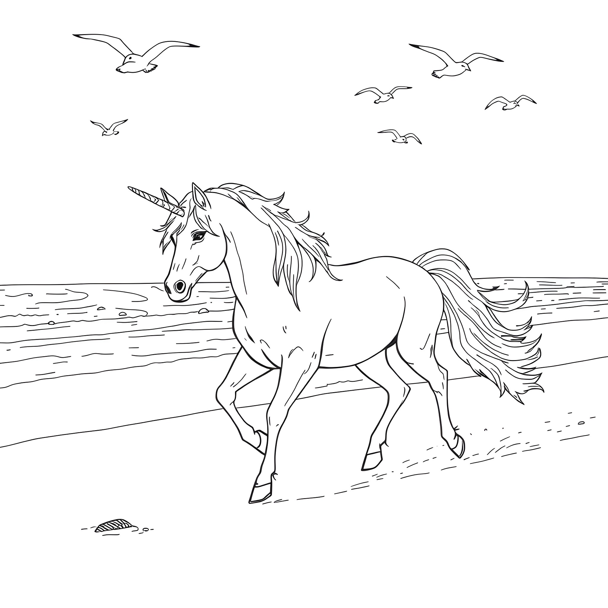 Unicorn galloping gracefully by the ocean Coloring Page (free black-and-white line drawing printable PDF for all, from beginners to advanced learners, including children, teens, adults, and seniors)