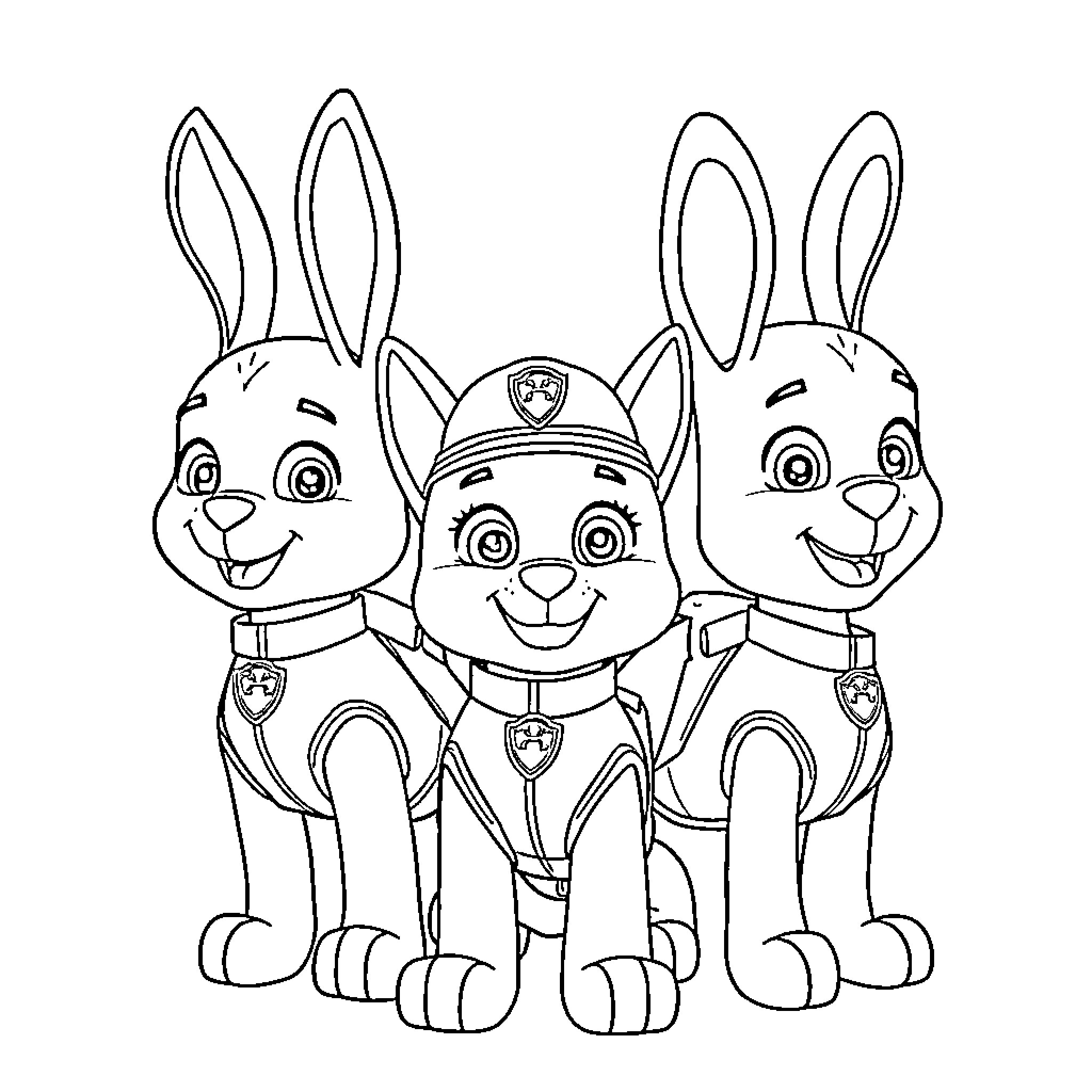 Bunny characters in uniforms posing together Coloring Page (free black-and-white line drawing printable PDF for all, from beginners to advanced learners, including children, teens, adults, and seniors)