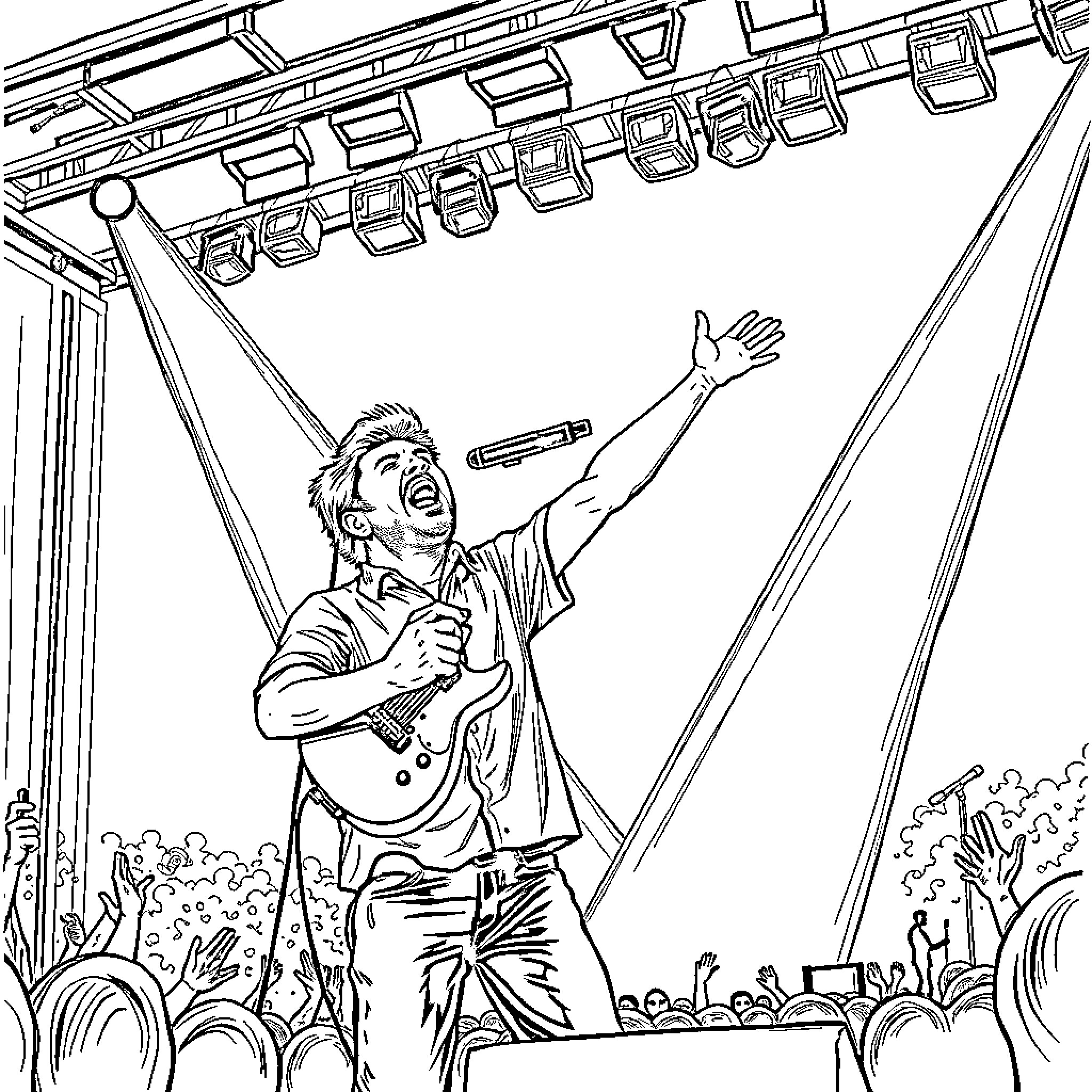 Morgan Wallen performing energetically on stage with crowd Coloring Page (free black-and-white line drawing printable PDF for all, from beginners to advanced learners, including children, teens, adults, and seniors)