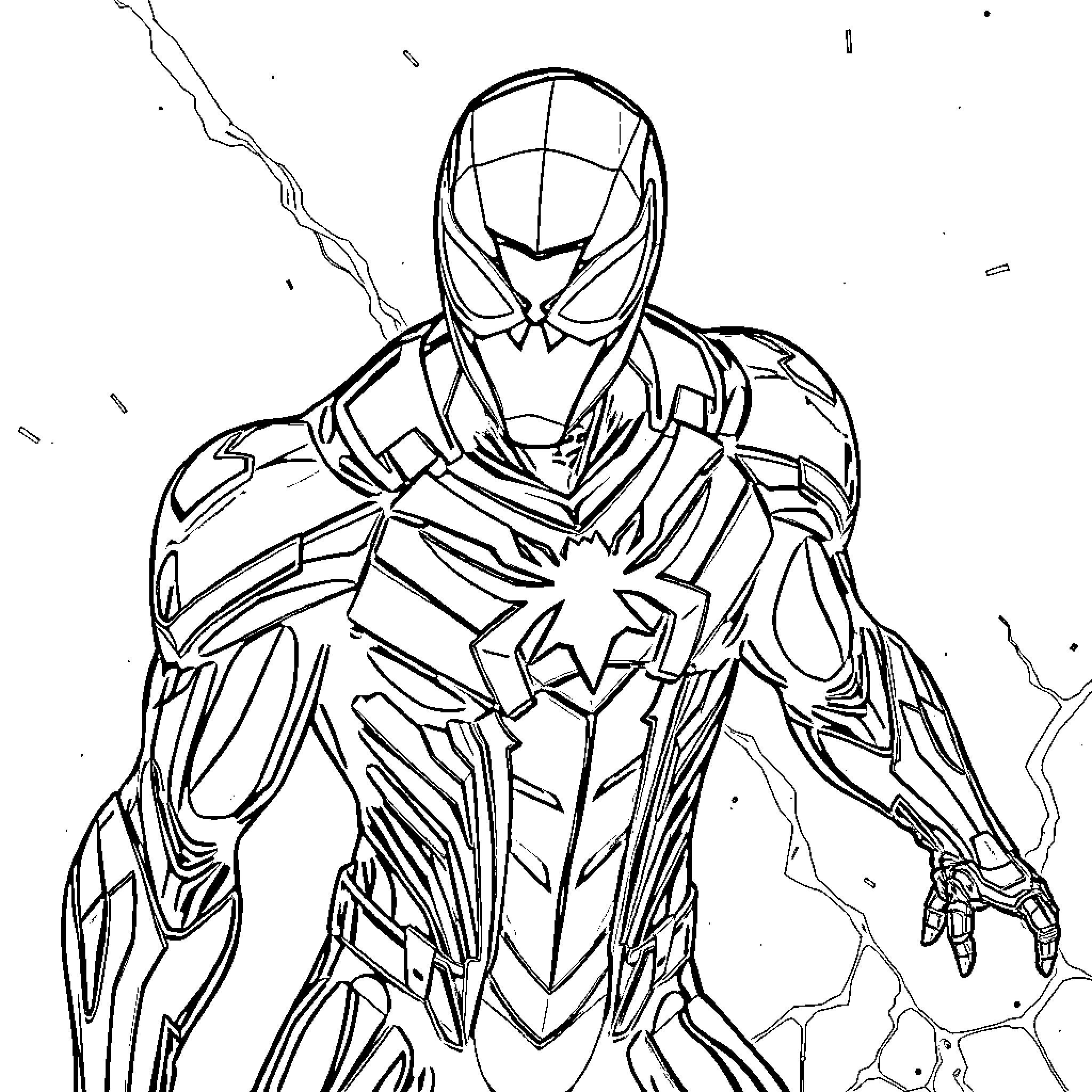 Iron Spider Suit in action-packed pose Coloring Page (free black-and-white line drawing printable PDF for all, from beginners to advanced learners, including children, teens, adults, and seniors)