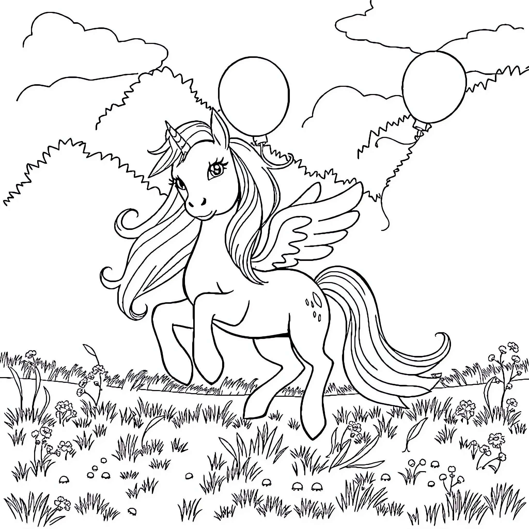 Pony with wings playing in a grassy meadow Coloring Page (free black-and-white line drawing printable PDF for all, from beginners to advanced learners, including children, teens, adults, and seniors)