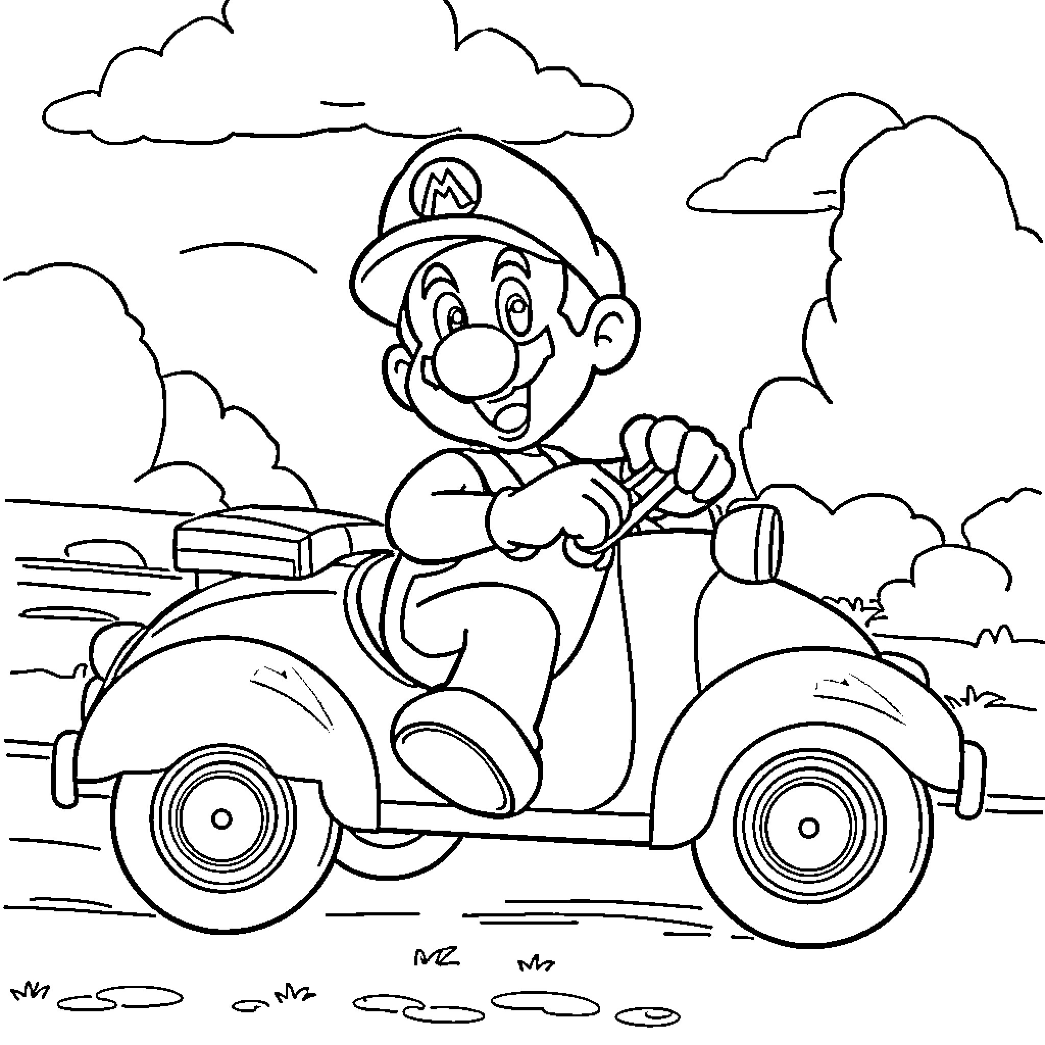 Mario enjoying a joyful drive in his vehicle Coloring Page (free black-and-white line drawing printable PDF for all, from beginners to advanced learners, including children, teens, adults, and seniors)