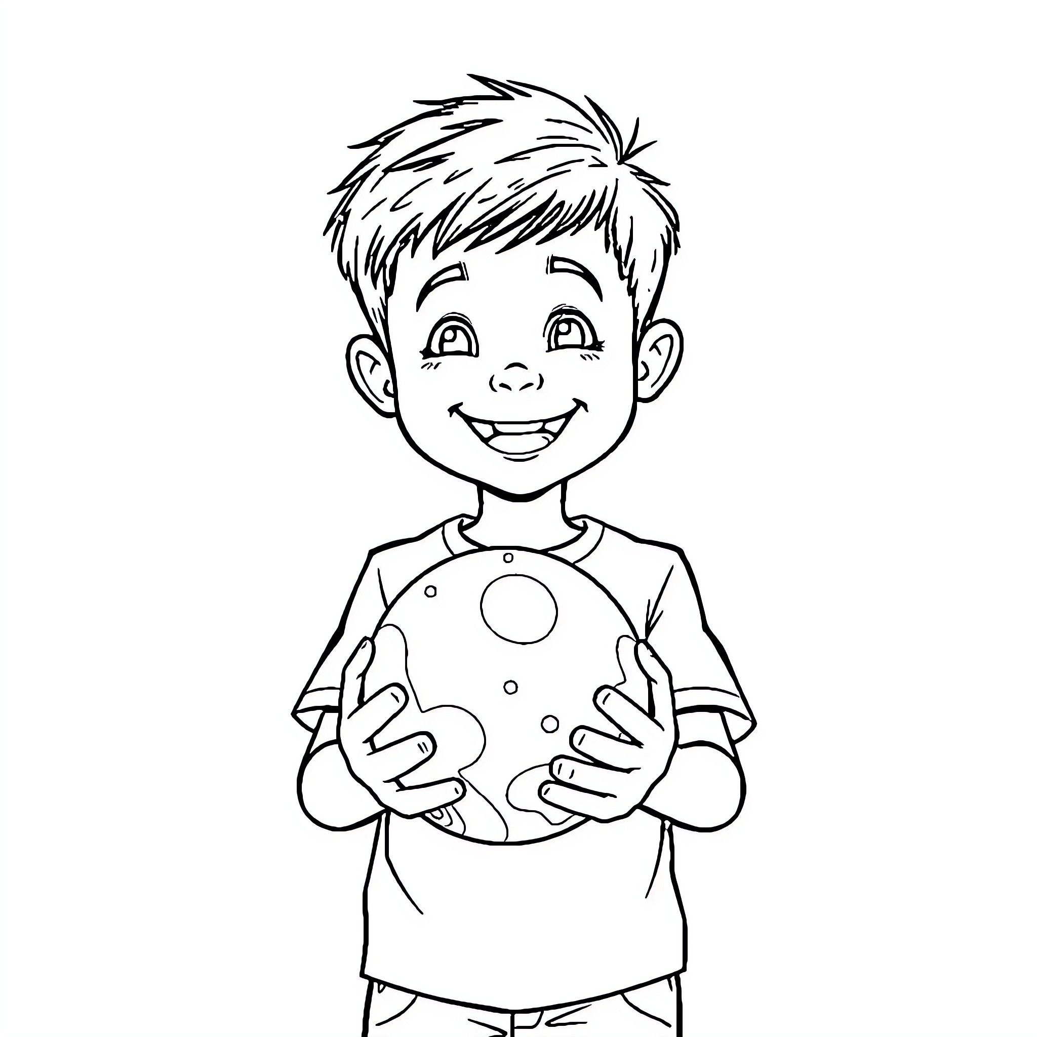 Boy playing with colorful ball happily Coloring Page (free black-and-white line drawing printable PDF for all, from beginners to advanced learners, including children, teens, adults, and seniors)