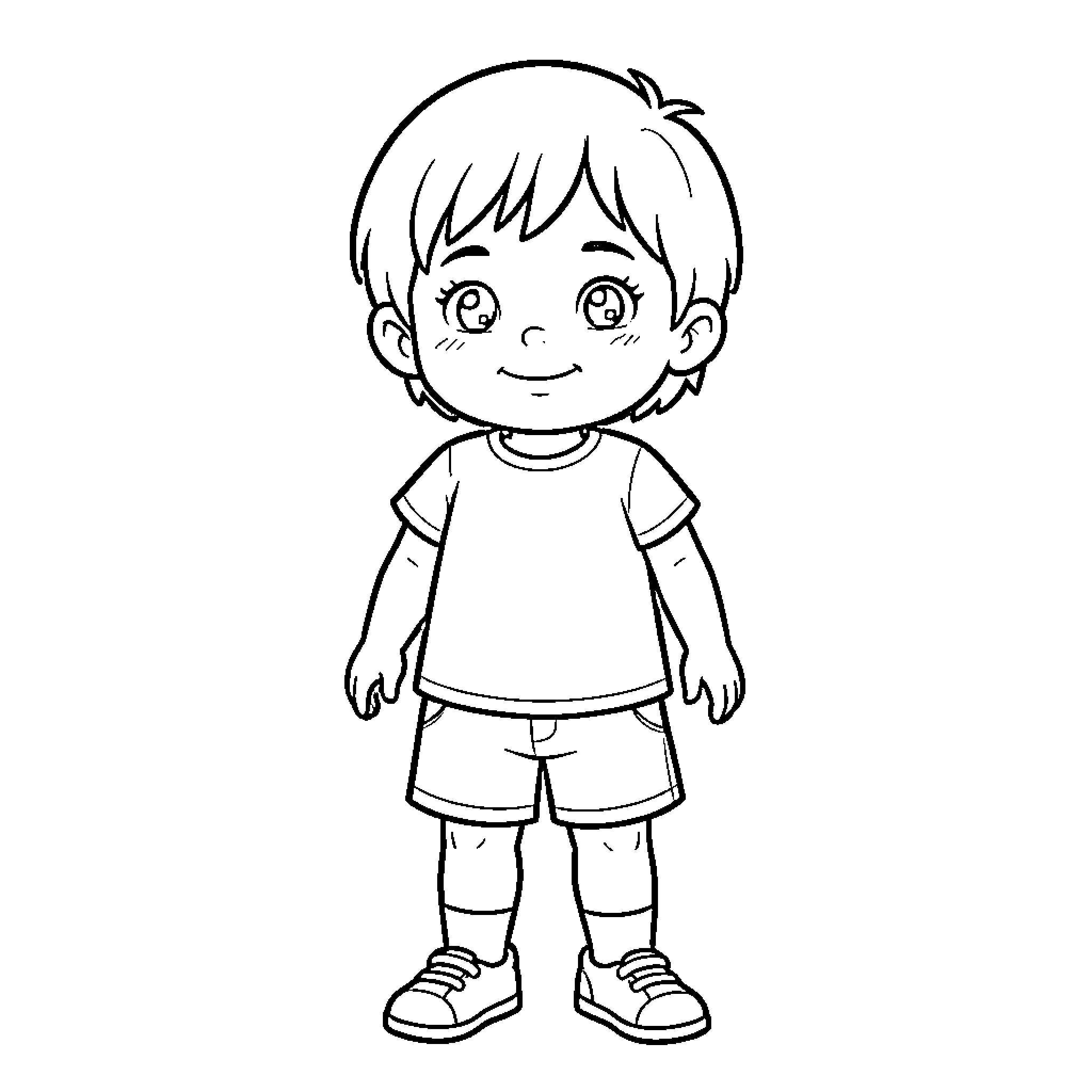 Child standing smiling in casual clothes Coloring Page (free black-and-white line drawing printable PDF for all, from beginners to advanced learners, including children, teens, adults, and seniors)