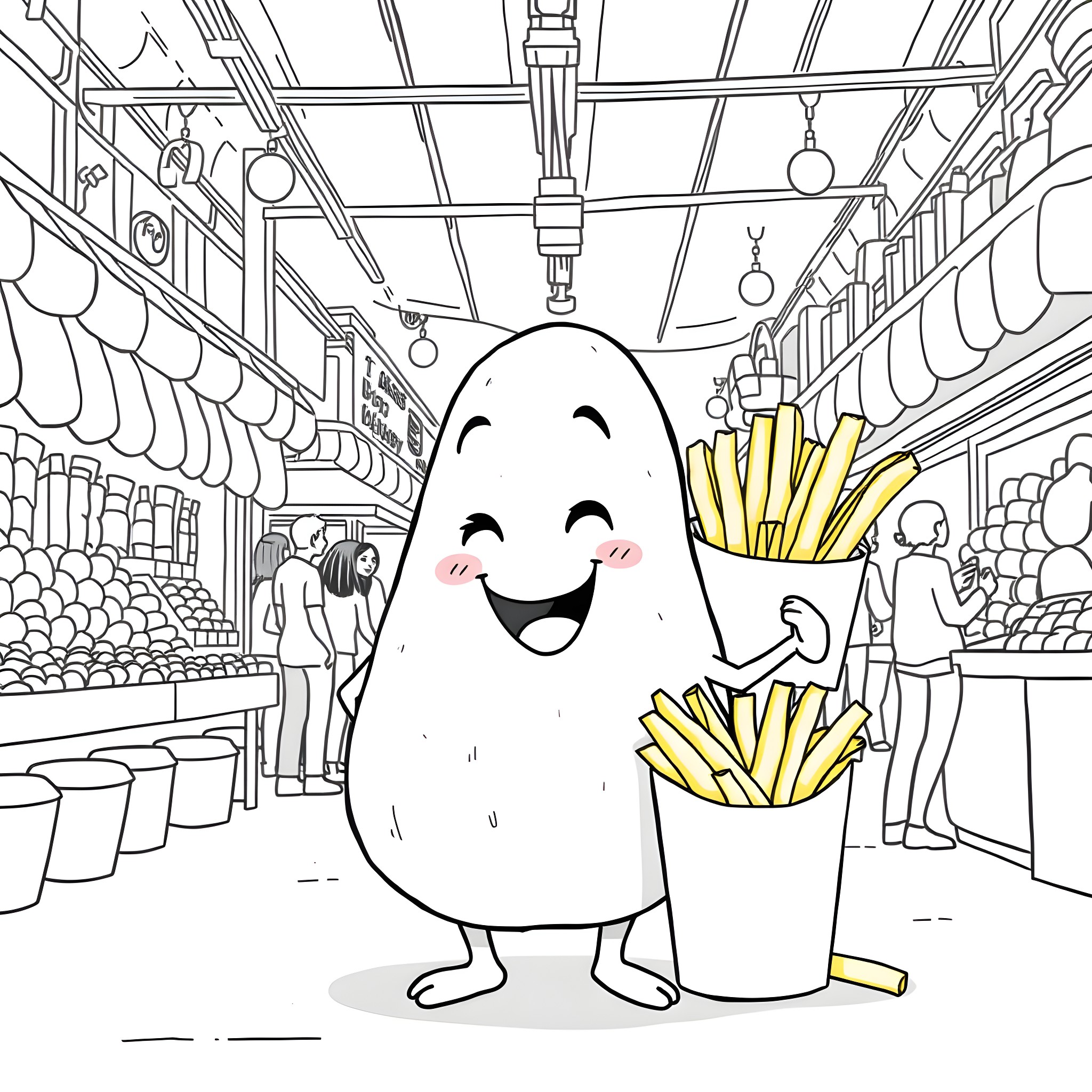 Potato Enjoying Fries in Grocery Store Coloring Page (free black-and-white line drawing printable PDF for all, from beginners to advanced learners, including children, teens, adults, and seniors)