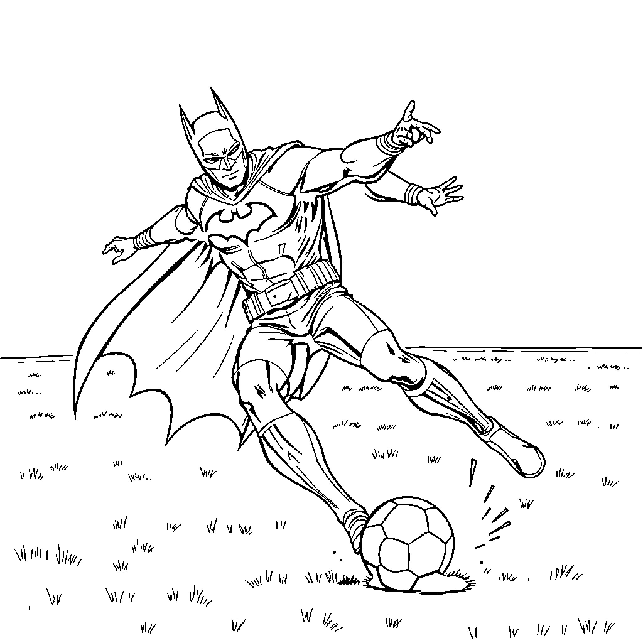 Batman kicking a soccer ball Coloring Page (free black-and-white line drawing printable PDF for all, from beginners to advanced learners, including children, teens, adults, and seniors)
