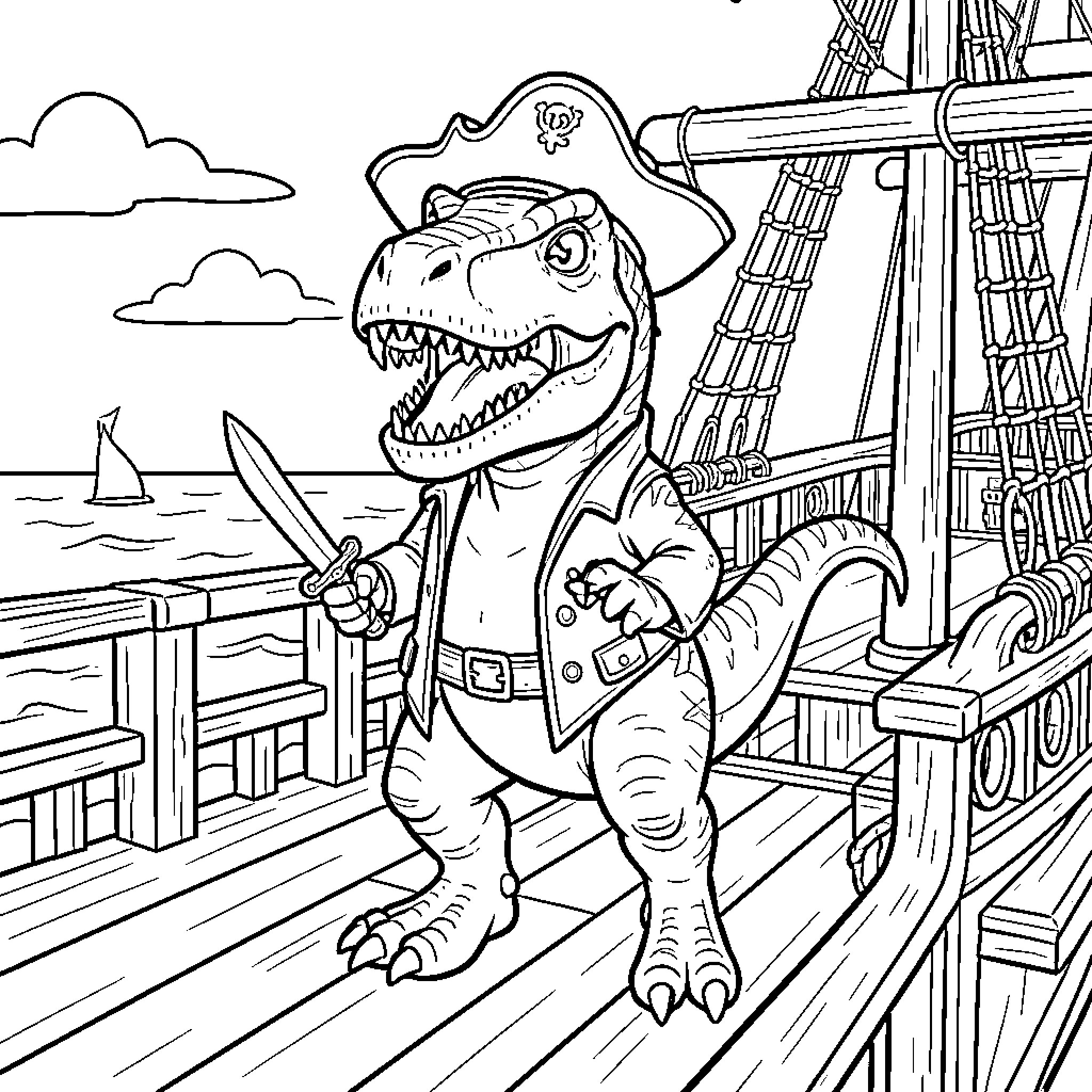 T-Rex pirate standing on a ship deck with sword Coloring Page (free black-and-white line drawing printable PDF for all, from beginners to advanced learners, including children, teens, adults, and seniors)