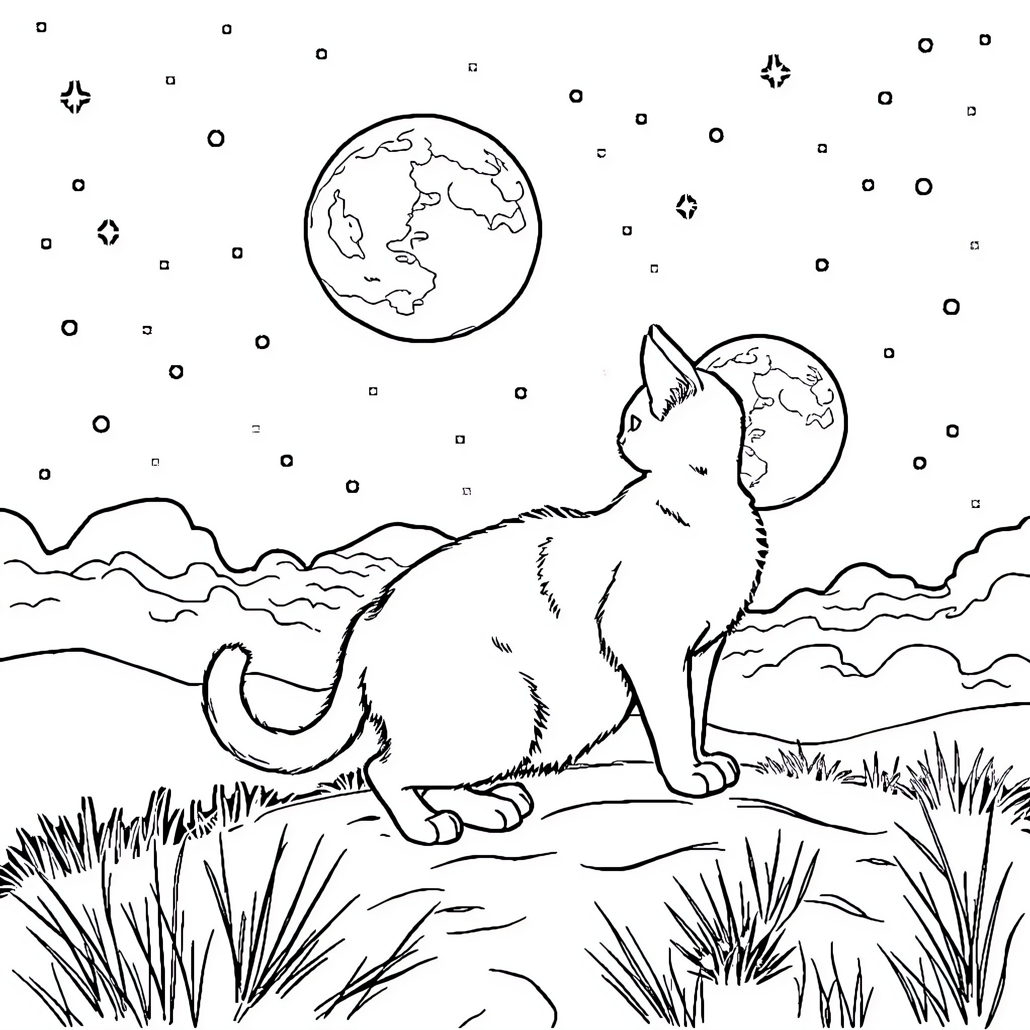 Cat gazing at the moon in the night sky Coloring Page (free black-and-white line drawing printable PDF for all, from beginners to advanced learners, including children, teens, adults, and seniors)