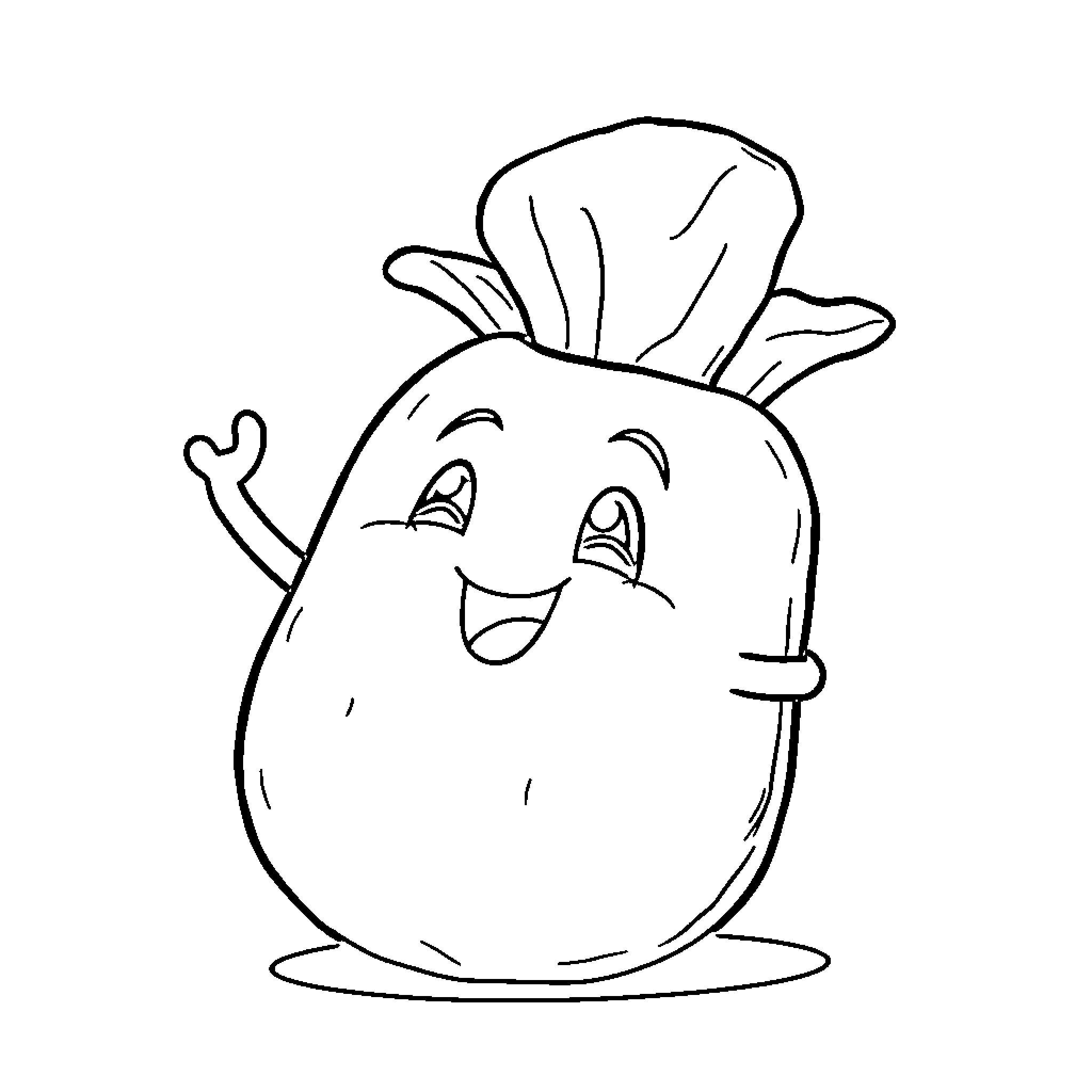 Potato character with chef's hat and happy expression Coloring Page (free black-and-white line drawing printable PDF for all, from beginners to advanced learners, including children, teens, adults, and seniors)