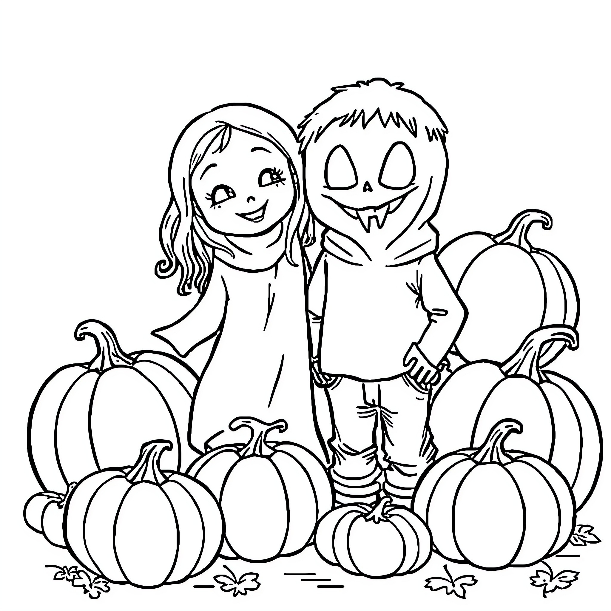 Ghost Kids Enjoying Fall Festivities Coloring Page (free black-and-white line drawing printable PDF for all, from beginners to advanced learners, including children, teens, adults, and seniors)