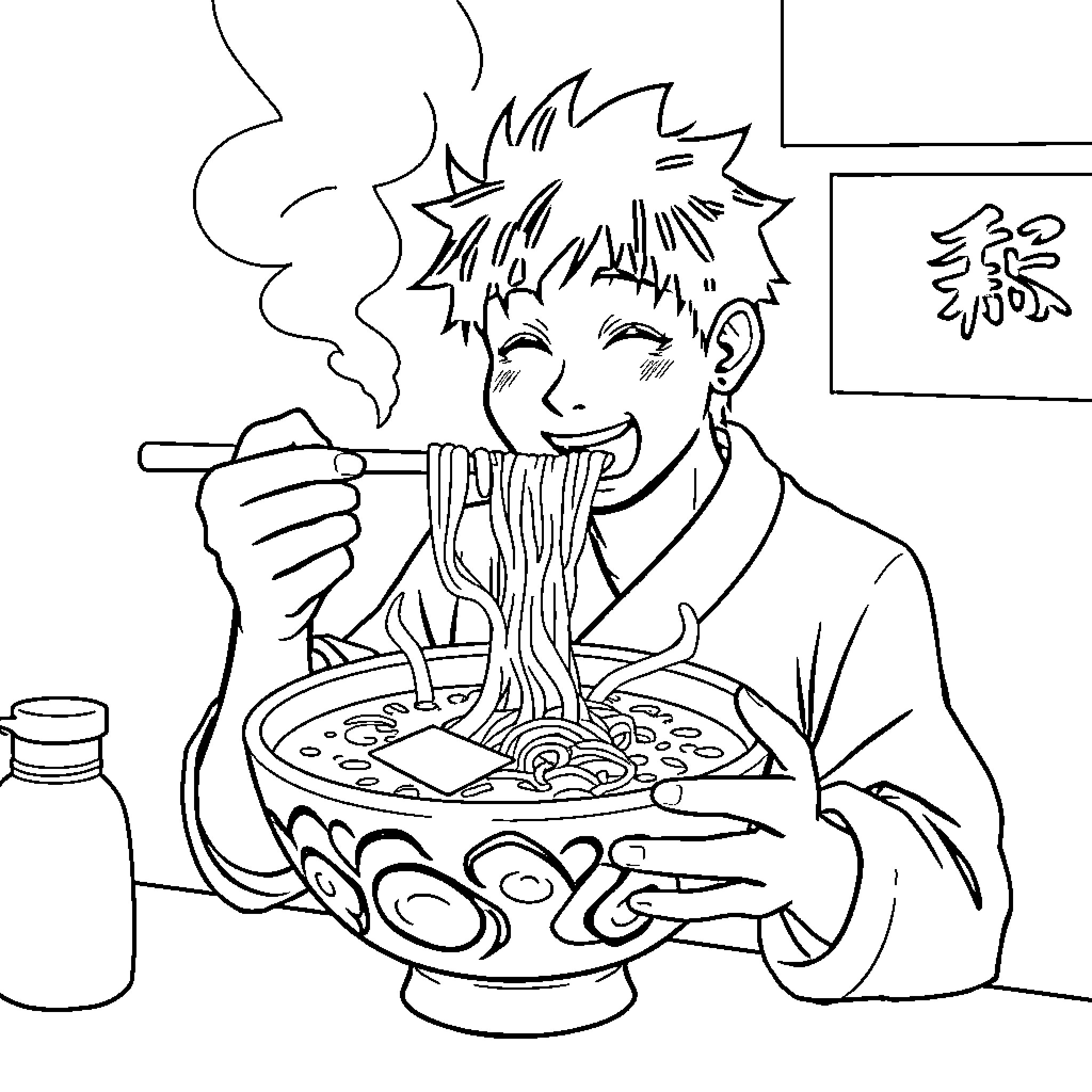 Tanjiro enjoying a hearty meal Coloring Page (free black-and-white line drawing printable PDF for all, from beginners to advanced learners, including children, teens, adults, and seniors)