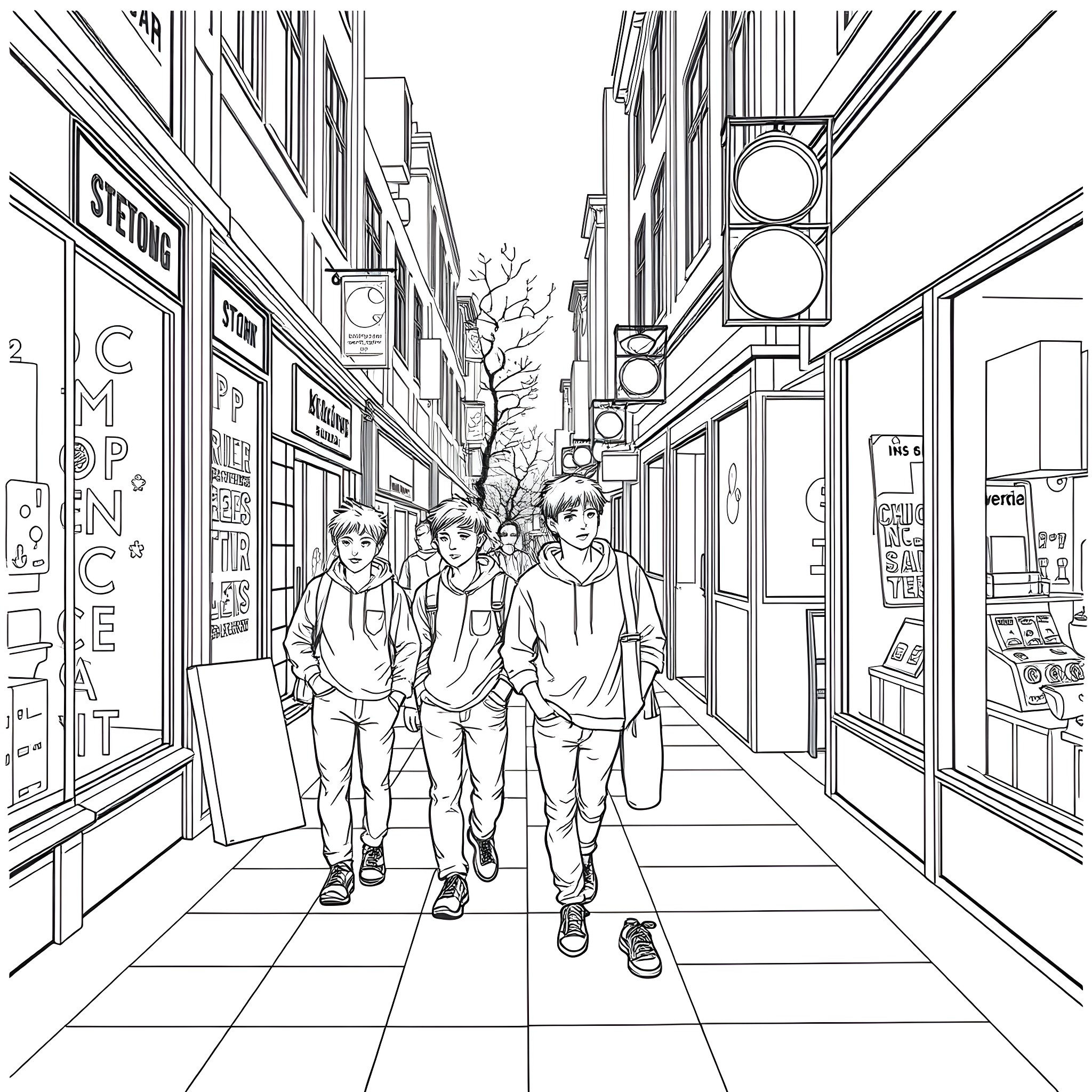Boy friends walking in the city street Coloring Page (free black-and-white line drawing printable PDF for all, from beginners to advanced learners, including children, teens, adults, and seniors)