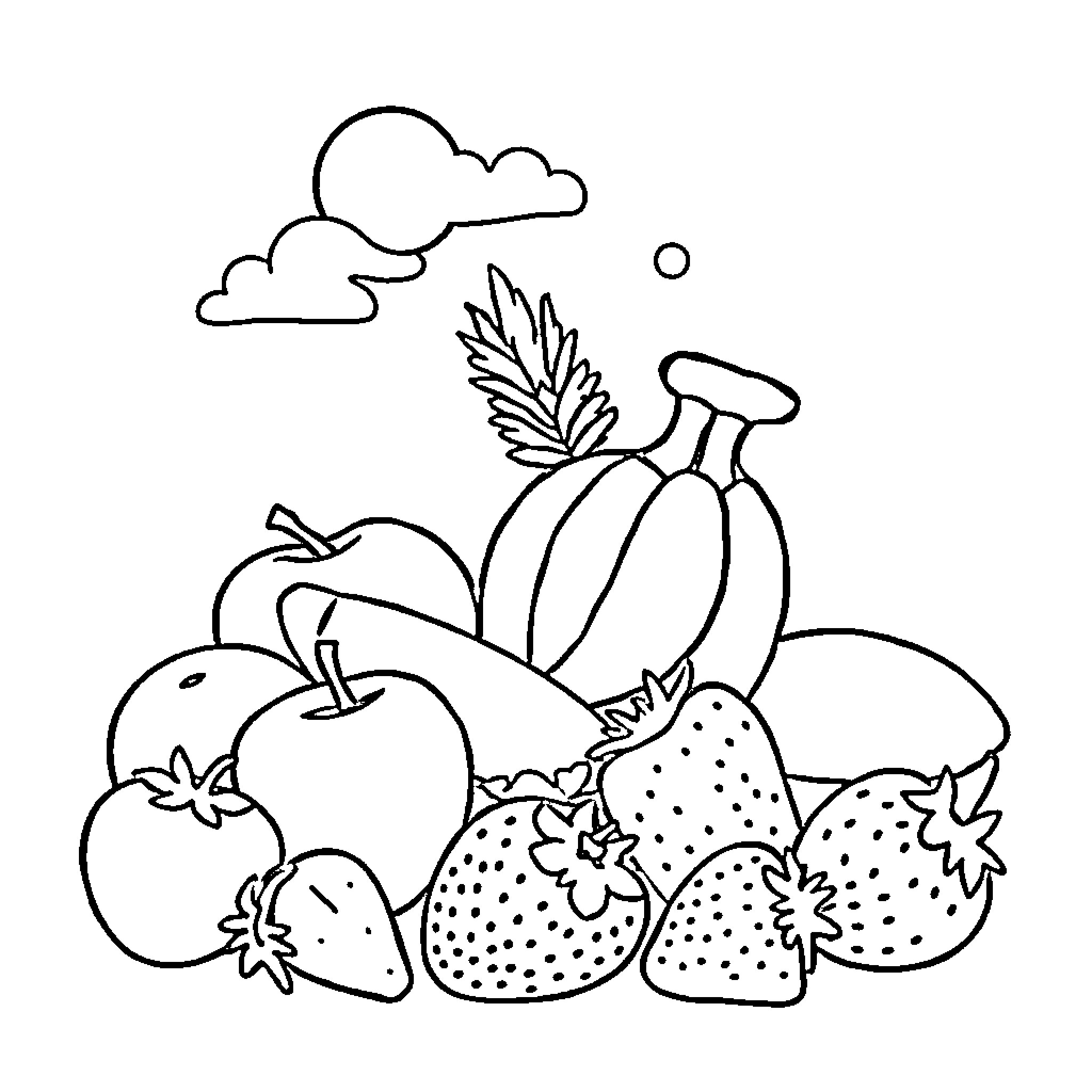 Fruit garden with cloudy sky Coloring Page (free black-and-white line drawing printable PDF for all, from beginners to advanced learners, including children, teens, adults, and seniors)