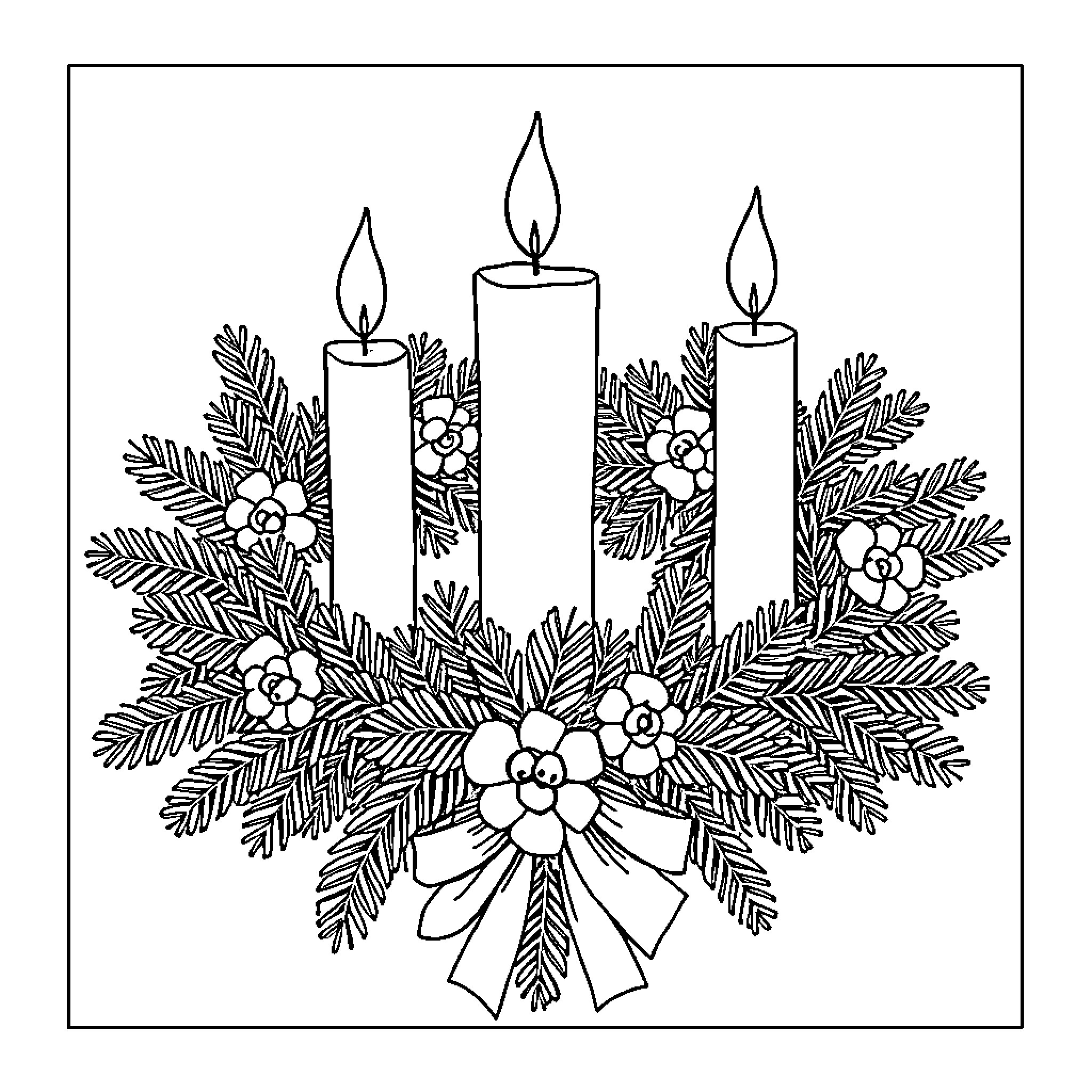 Advent Wreath with Candles and Floral Decorations Coloring Page (free black-and-white line drawing printable PDF for all, from beginners to advanced learners, including children, teens, adults, and seniors)