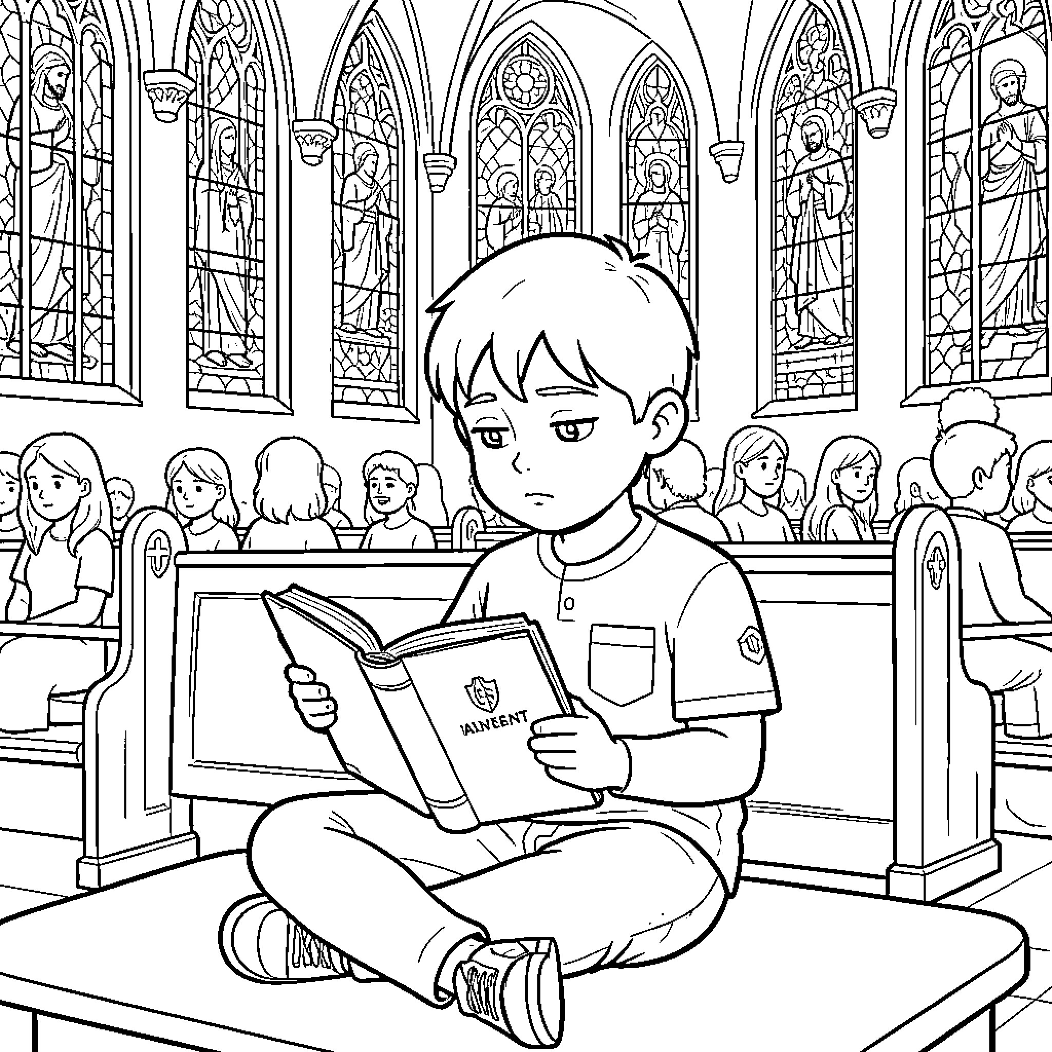 Kid sitting in church reading a holy book Coloring Page (free black-and-white line drawing printable PDF for all, from beginners to advanced learners, including children, teens, adults, and seniors)
