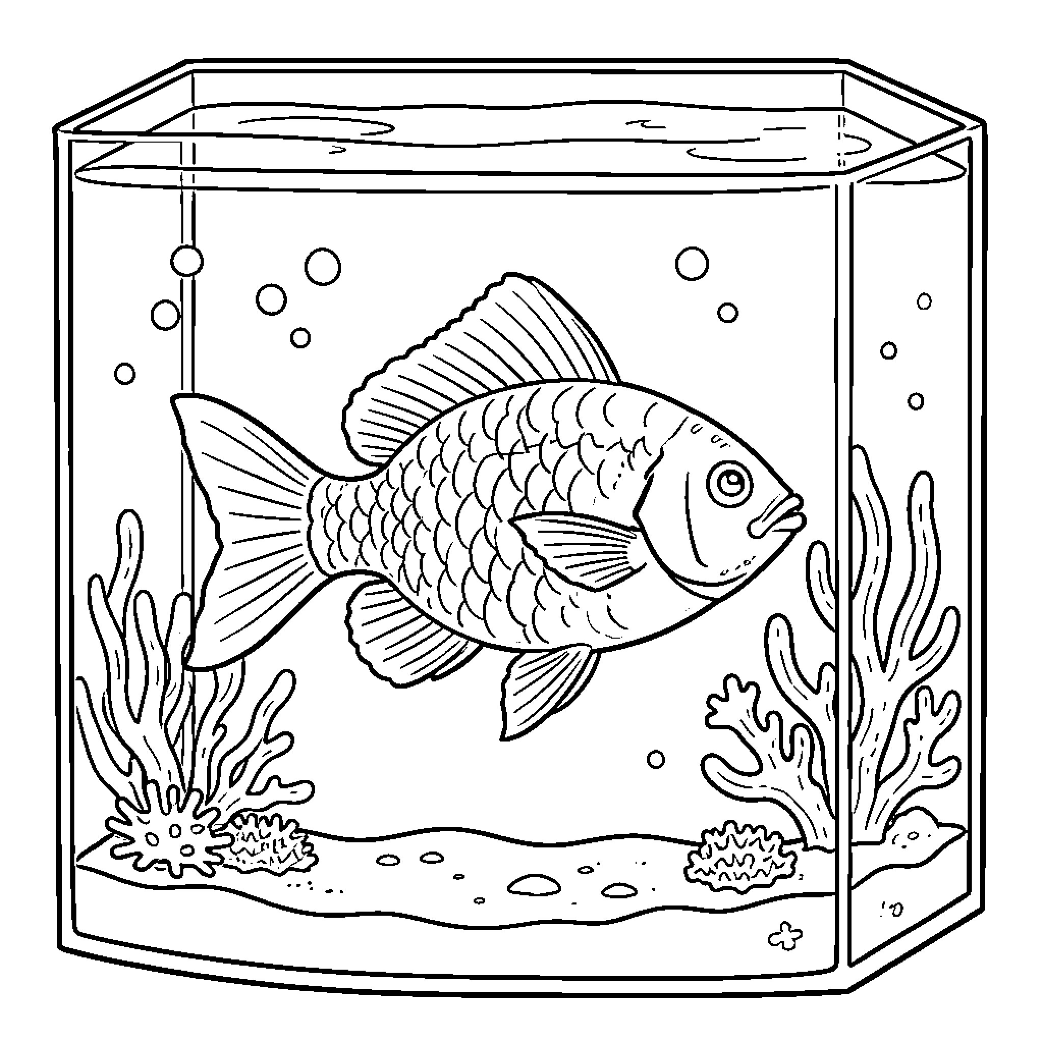 Fish in aquarium with underwater scenery Coloring Page (free black-and-white line drawing printable PDF for all, from beginners to advanced learners, including children, teens, adults, and seniors)