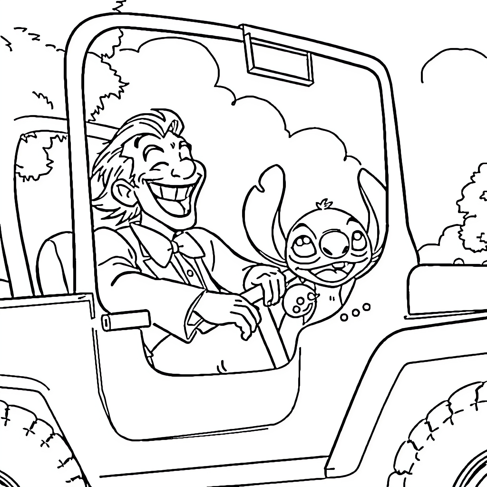 Joker and Stitch Enjoying a Joyride Coloring Page (free black-and-white line drawing printable PDF for all, from beginners to advanced learners, including children, teens, adults, and seniors)