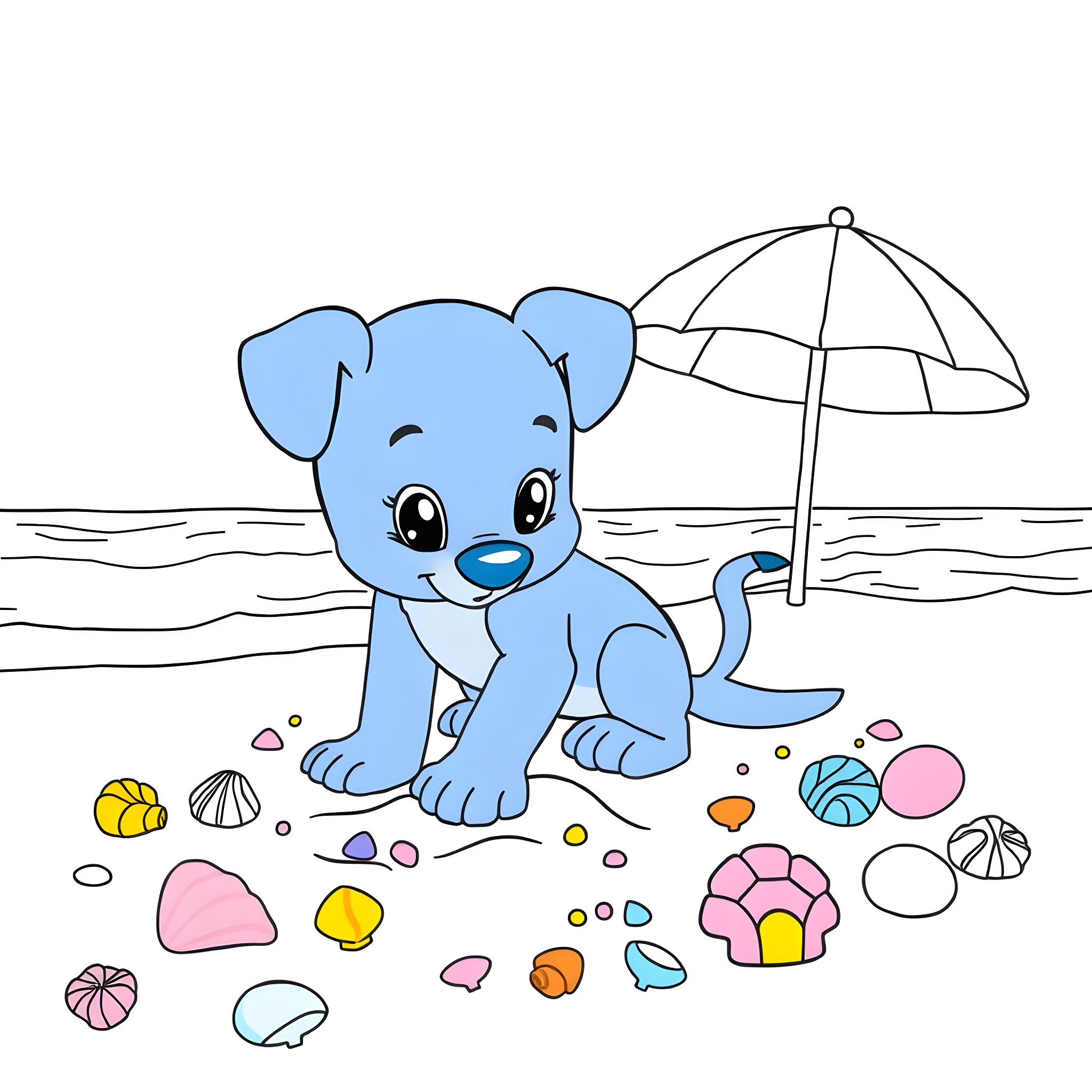 Bluey playing on the beach with umbrella Coloring Page (free black-and-white line drawing printable PDF for all, from beginners to advanced learners, including children, teens, adults, and seniors)