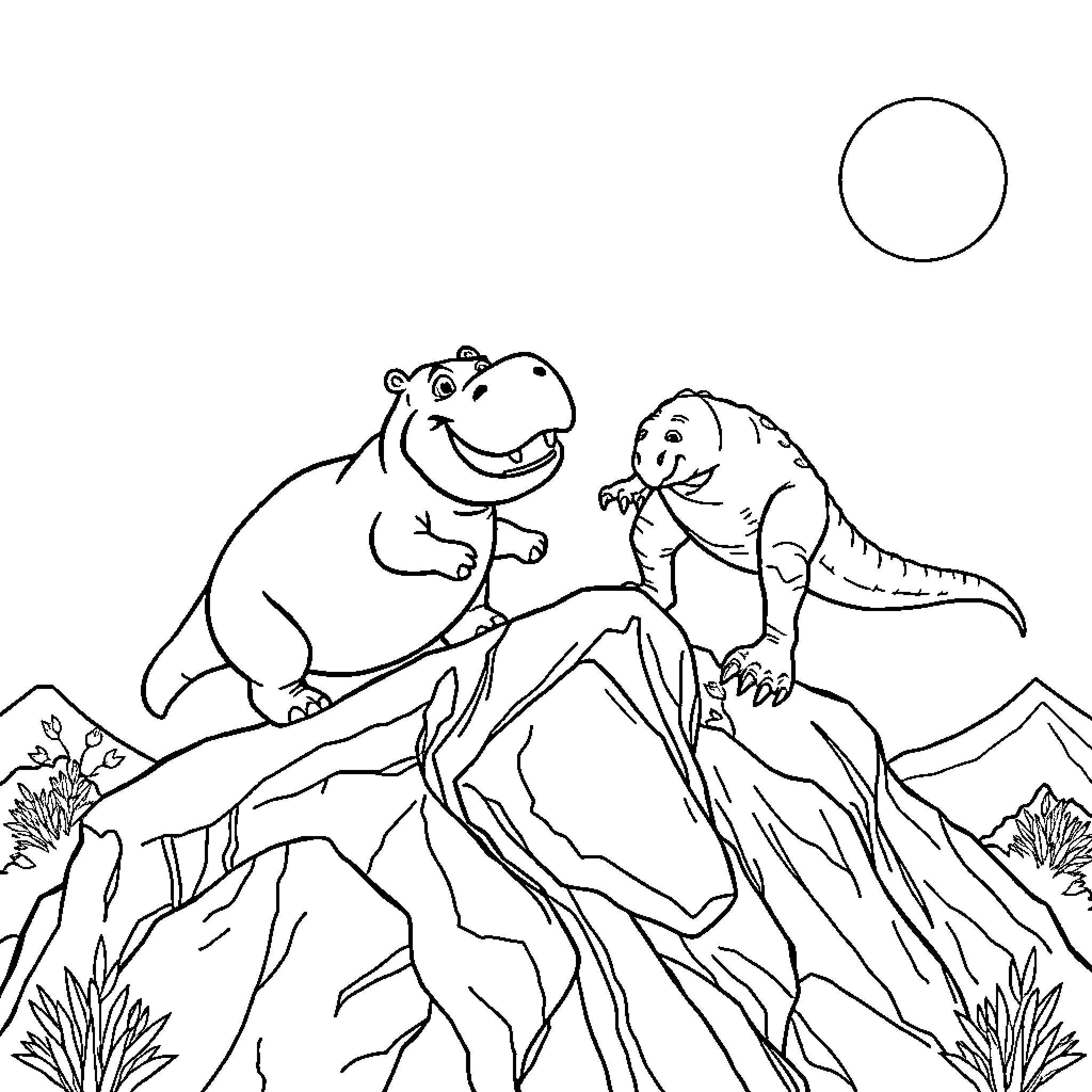 Hippo friends exploring the rocky terrain Coloring Page (free black-and-white line drawing printable PDF for all, from beginners to advanced learners, including children, teens, adults, and seniors)
