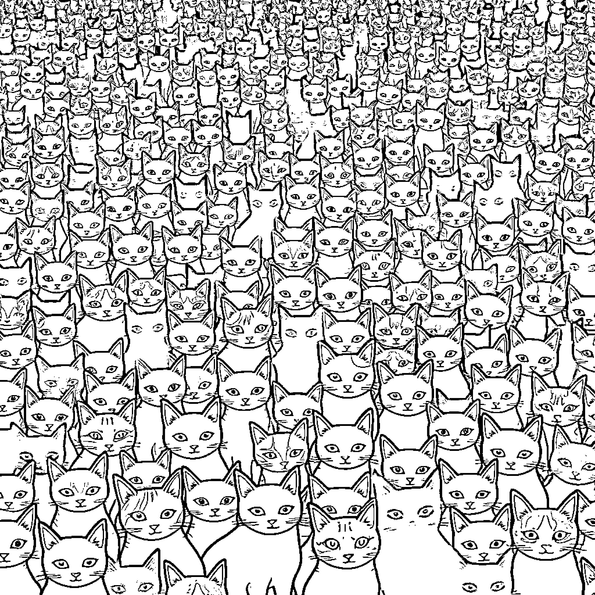 Cat Crowd - Whimsical Feline Gathering Coloring Page (free black-and-white line drawing printable PDF for all, from beginners to advanced learners, including children, teens, adults, and seniors)
