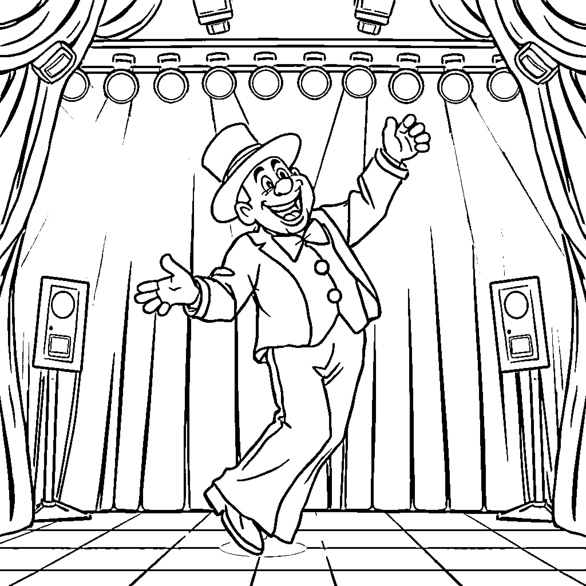 Animated Entertainer Performing on Stage Coloring Page (free black-and-white line drawing printable PDF for all, from beginners to advanced learners, including children, teens, adults, and seniors)