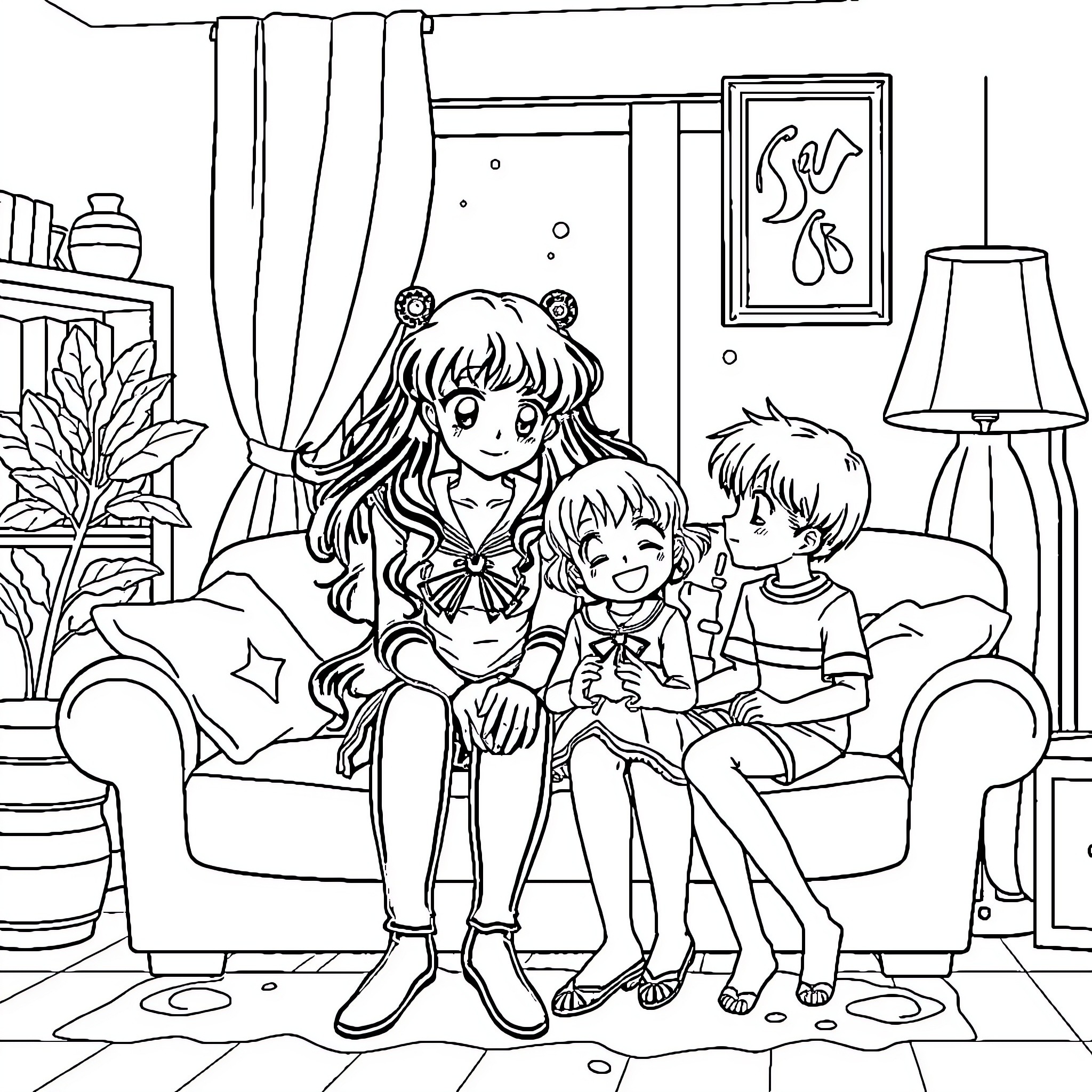 Sailor Saturn's Cozy Home with Friends Coloring Page (free black-and-white line drawing printable PDF for all, from beginners to advanced learners, including children, teens, adults, and seniors)