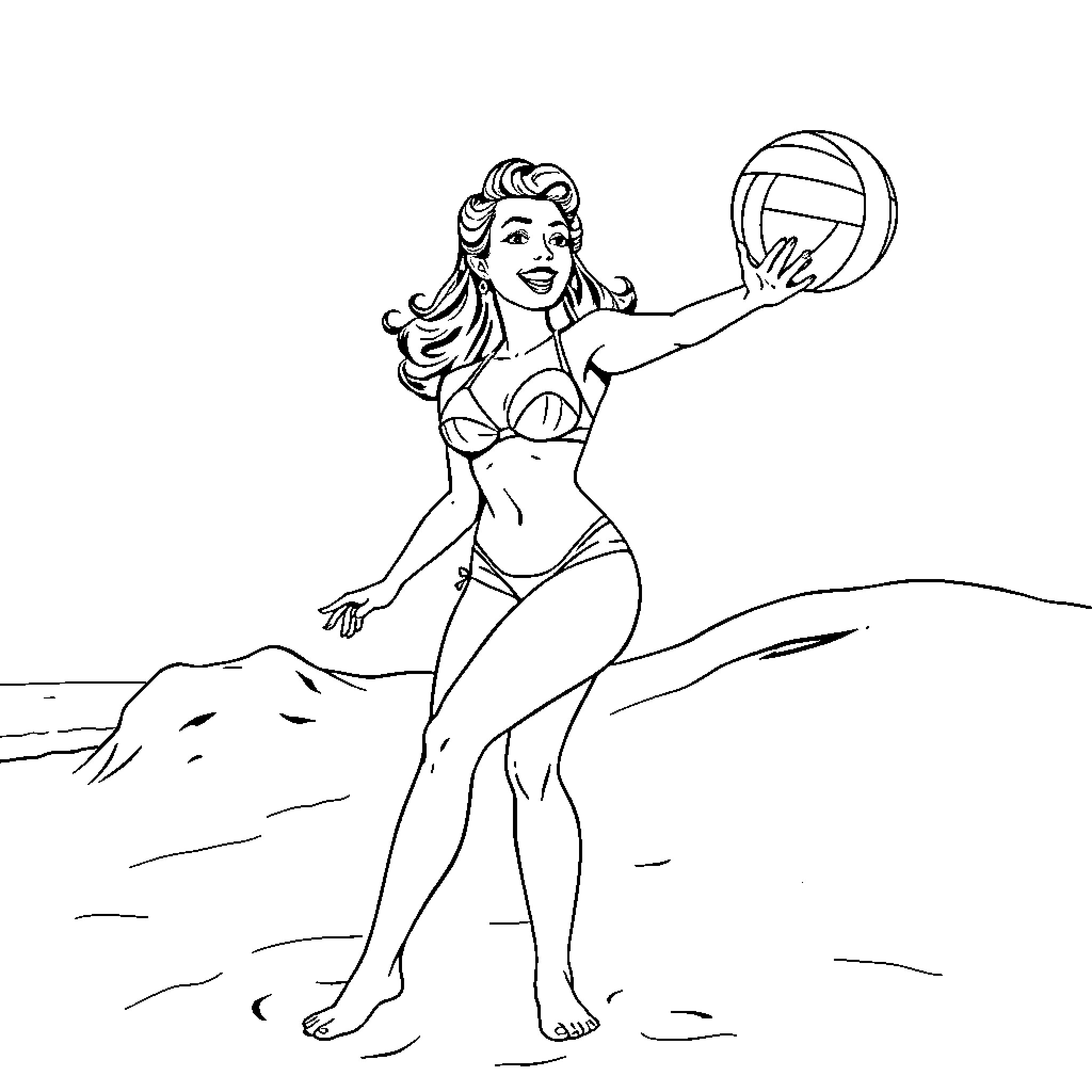 Retro Pinup Playing Beach Volleyball Coloring Page (free black-and-white line drawing printable PDF for all, from beginners to advanced learners, including children, teens, adults, and seniors)