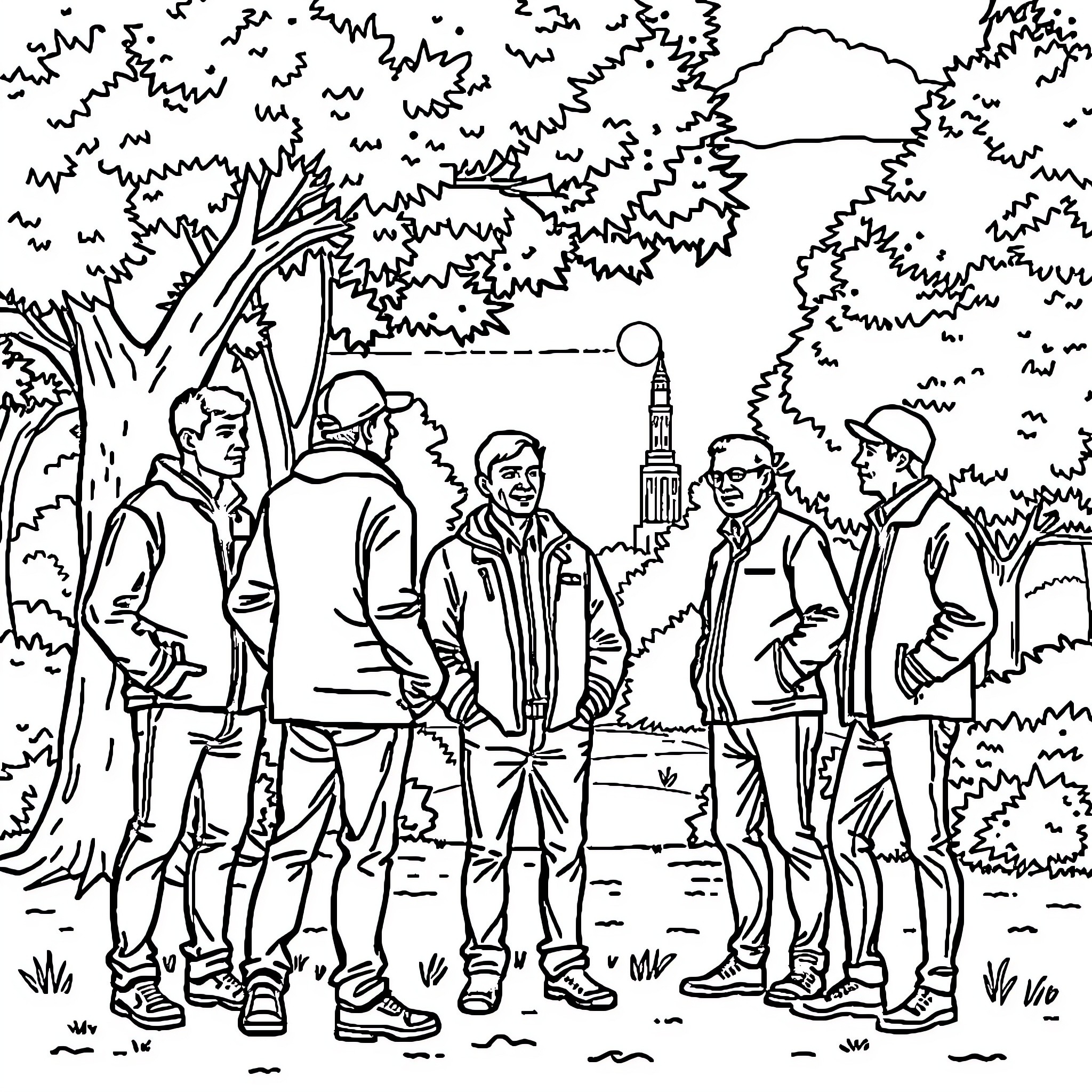 Man Enjoying Outdoor Gathering with Friends Coloring Page (free black-and-white line drawing printable PDF for all, from beginners to advanced learners, including children, teens, adults, and seniors)