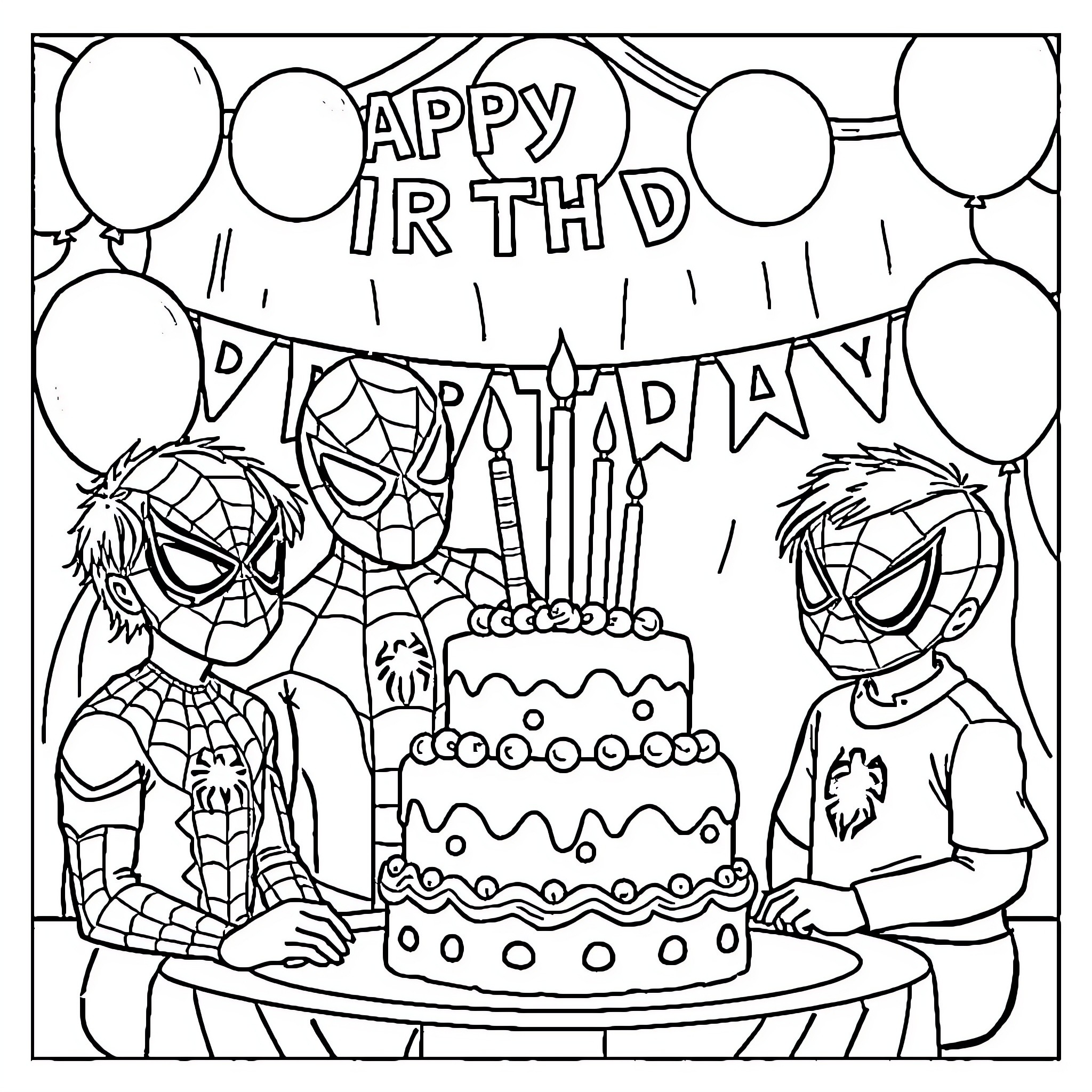 Spider-Man's Happy Birthday Celebration Coloring Page (free black-and-white line drawing printable PDF for all, from beginners to advanced learners, including children, teens, adults, and seniors)