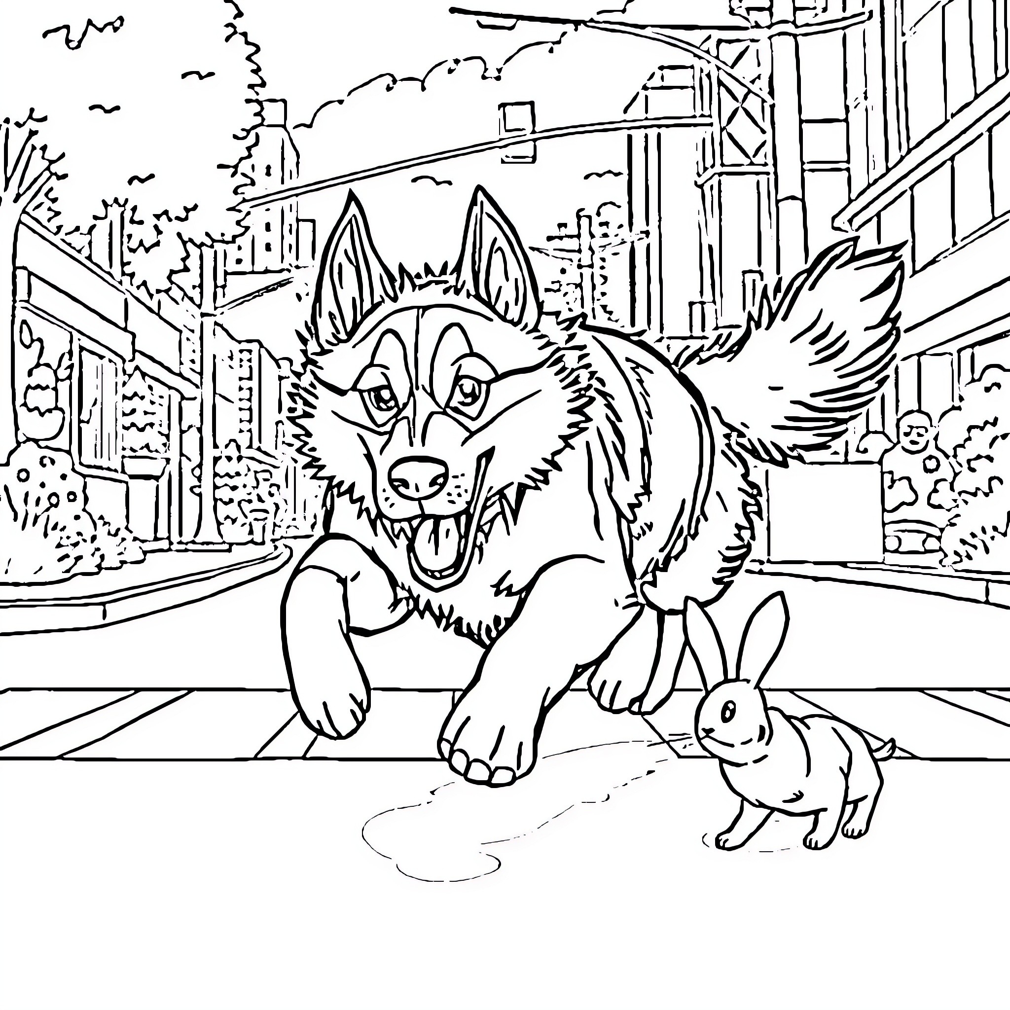 Malamute exploring the city with a rabbit companion Coloring Page (free black-and-white line drawing printable PDF for all, from beginners to advanced learners, including children, teens, adults, and seniors)