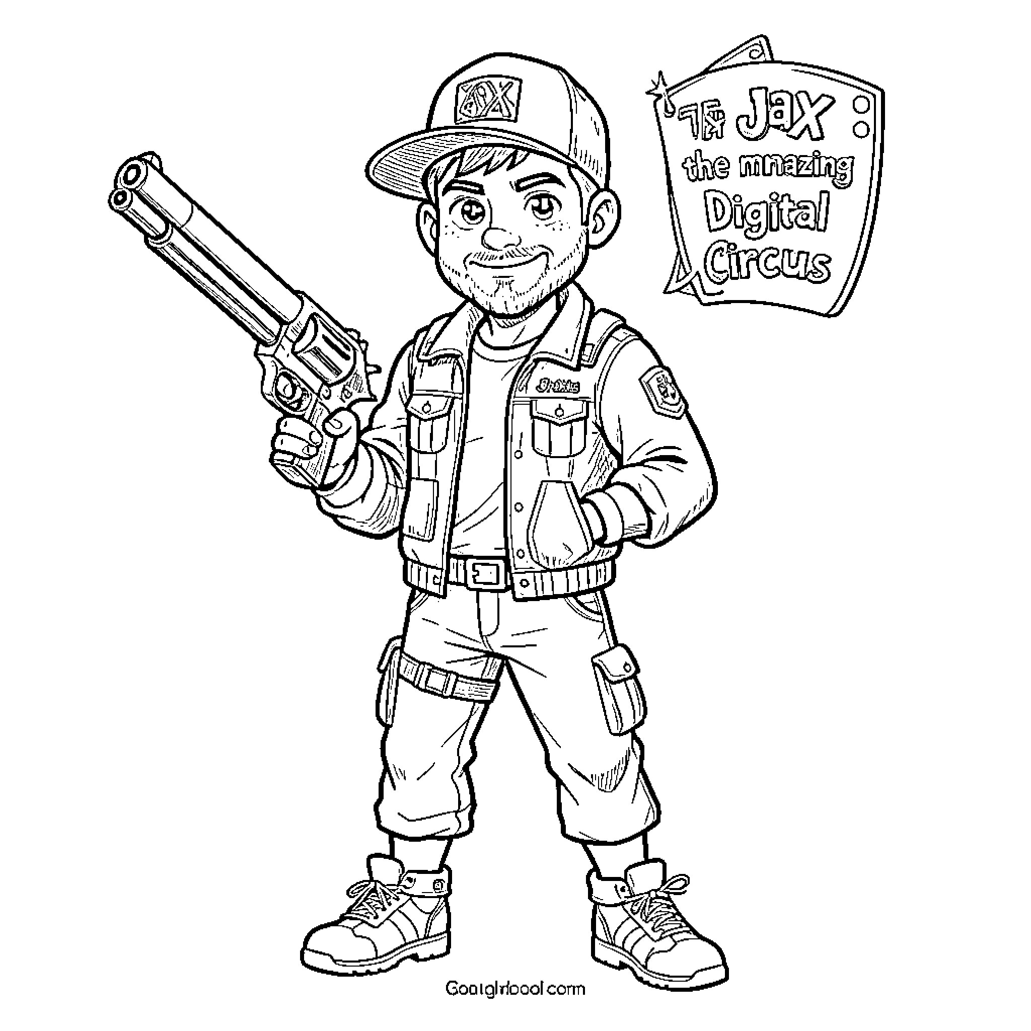 Jax posing confidently while holding a large revolver Coloring Page (free black-and-white line drawing printable PDF for all, from beginners to advanced learners, including children, teens, adults, and seniors)