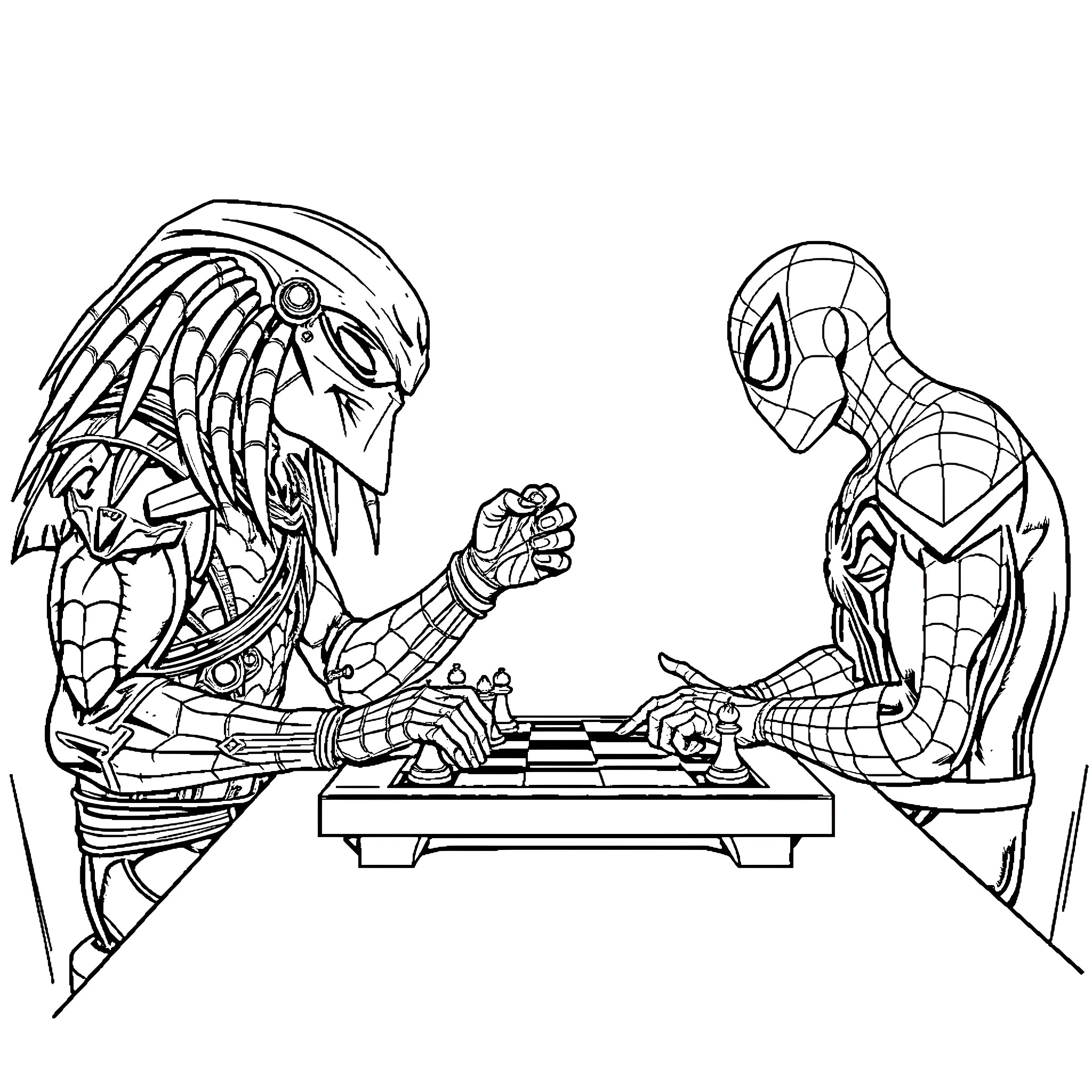 Spiderman and Alien Predator Playing Chess Coloring Page (free black-and-white line drawing printable PDF for all, from beginners to advanced learners, including children, teens, adults, and seniors)
