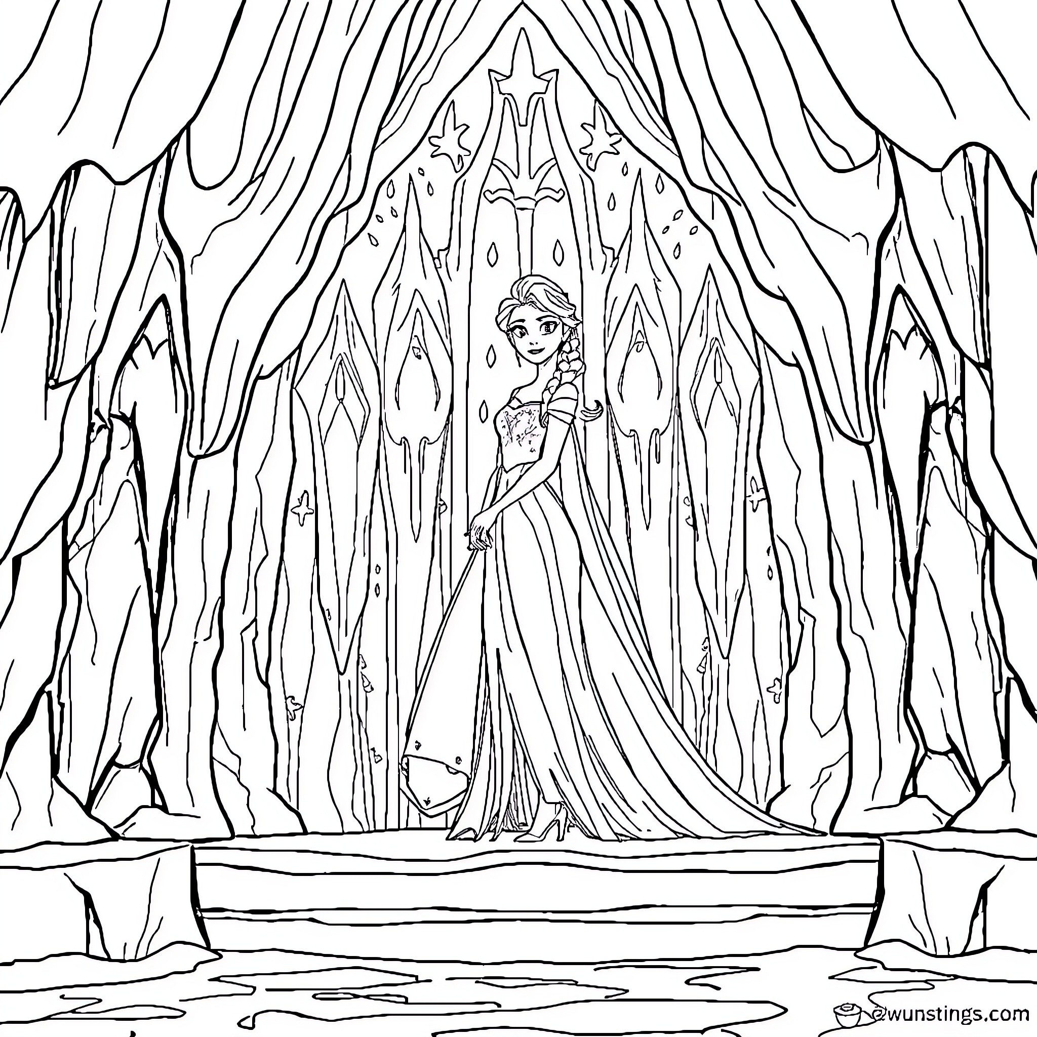 Princess Elsa in a Majestic Frozen Palace Coloring Page (free black-and-white line drawing printable PDF for all, from beginners to advanced learners, including children, teens, adults, and seniors)