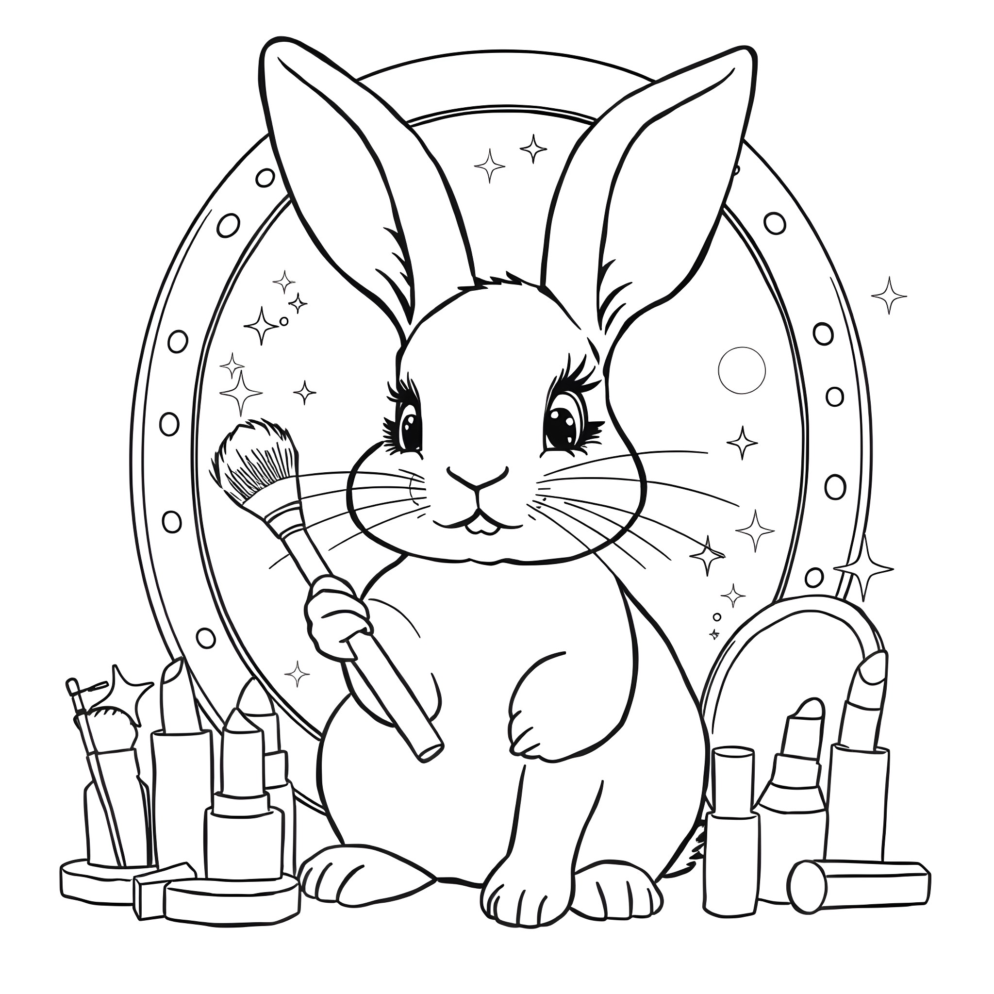 Rabbit getting ready with makeup and brushes Coloring Page (free black-and-white line drawing printable PDF for all, from beginners to advanced learners, including children, teens, adults, and seniors)