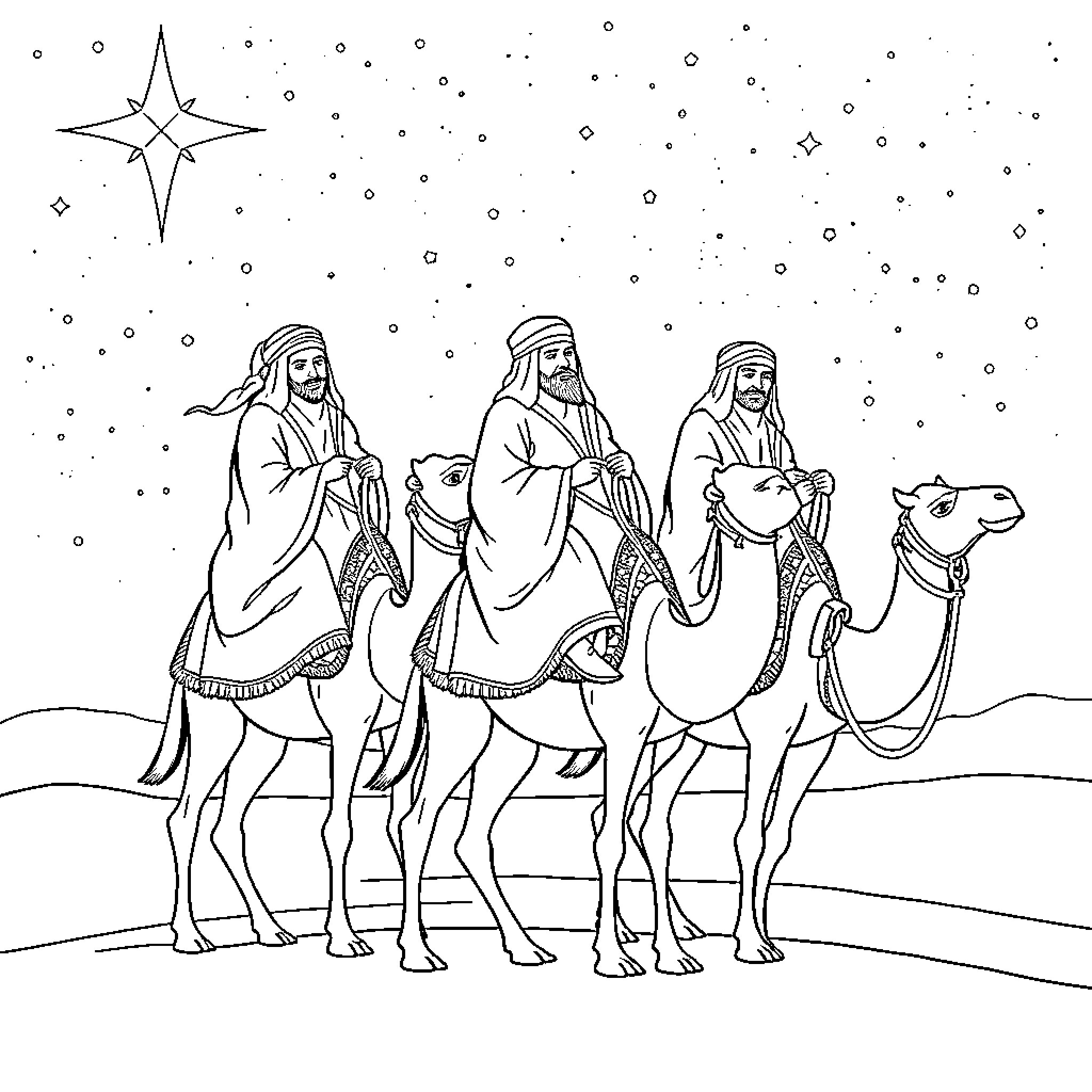 Wise Men Journeying on Camels in Starry Night Coloring Page (free black-and-white line drawing printable PDF for all, from beginners to advanced learners, including children, teens, adults, and seniors)