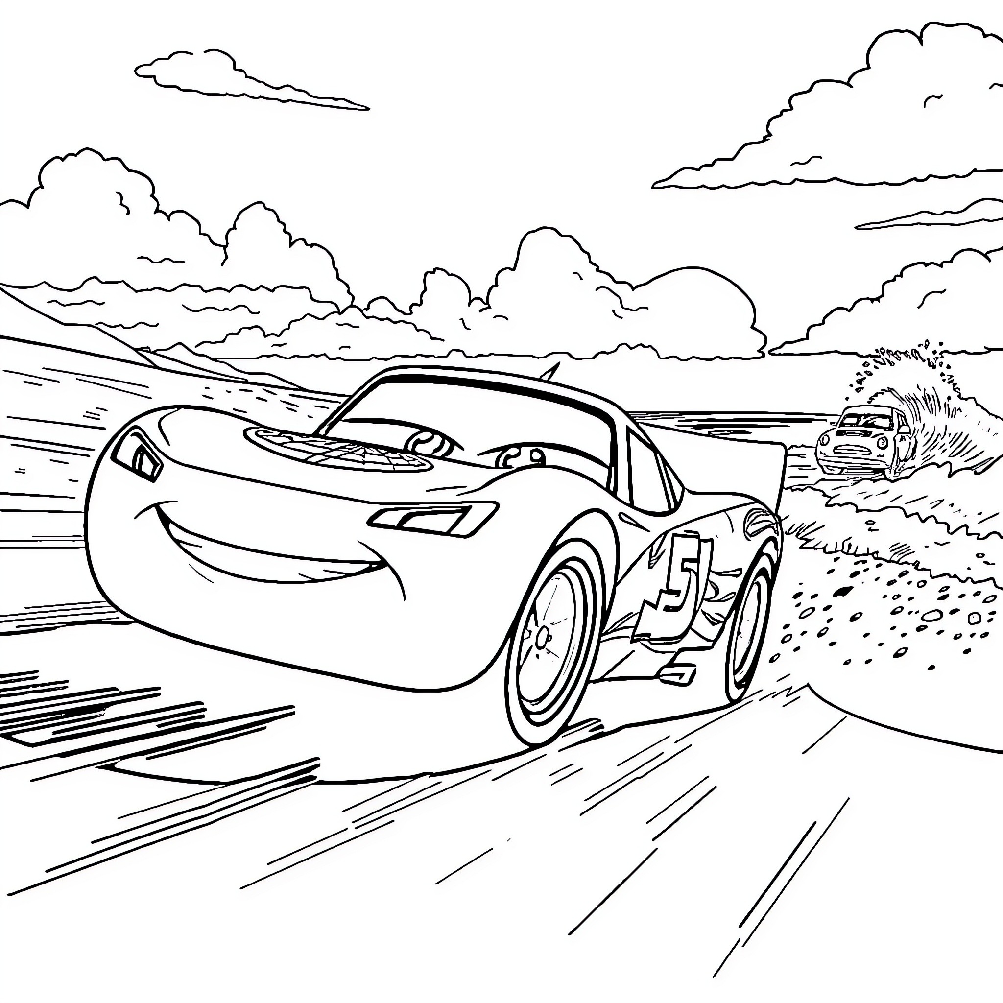 Lightning McQueen racing on the track Coloring Page (free black-and-white line drawing printable PDF for all, from beginners to advanced learners, including children, teens, adults, and seniors)