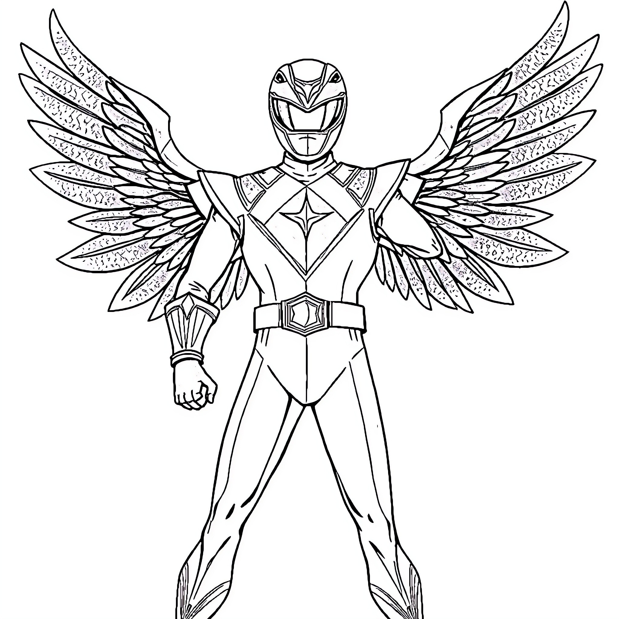 Power Ranger with Heroic Winged Attire Coloring Page (free black-and-white line drawing printable PDF for all, from beginners to advanced learners, including children, teens, adults, and seniors)