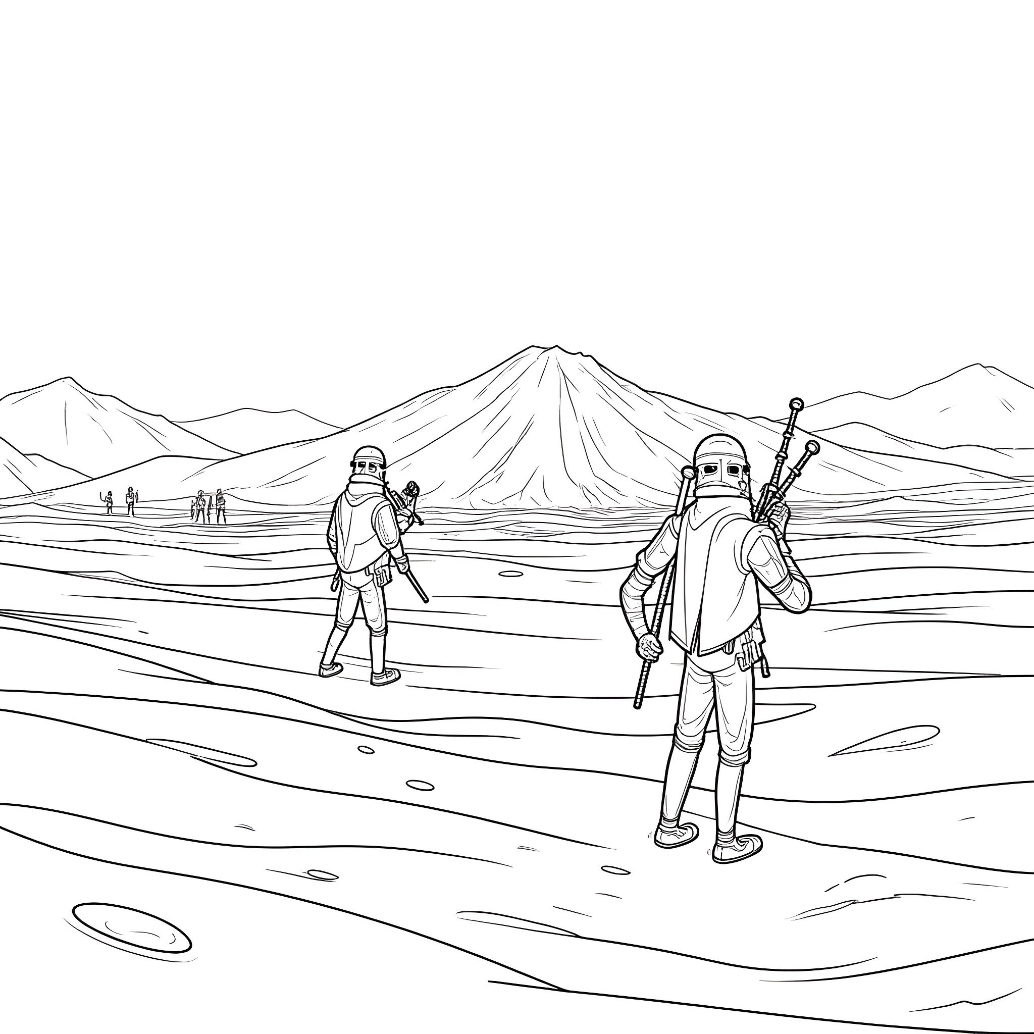 Battle in the Harsh Mountainous Landscape Coloring Page (free black-and-white line drawing printable PDF for all, from beginners to advanced learners, including children, teens, adults, and seniors)