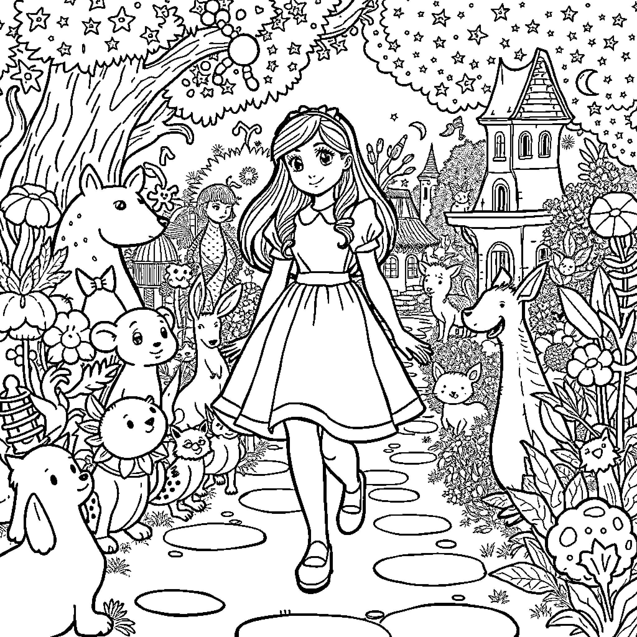Alice's Whimsical Adventure in Wonderland Coloring Page (free black-and-white line drawing printable PDF for all, from beginners to advanced learners, including children, teens, adults, and seniors)