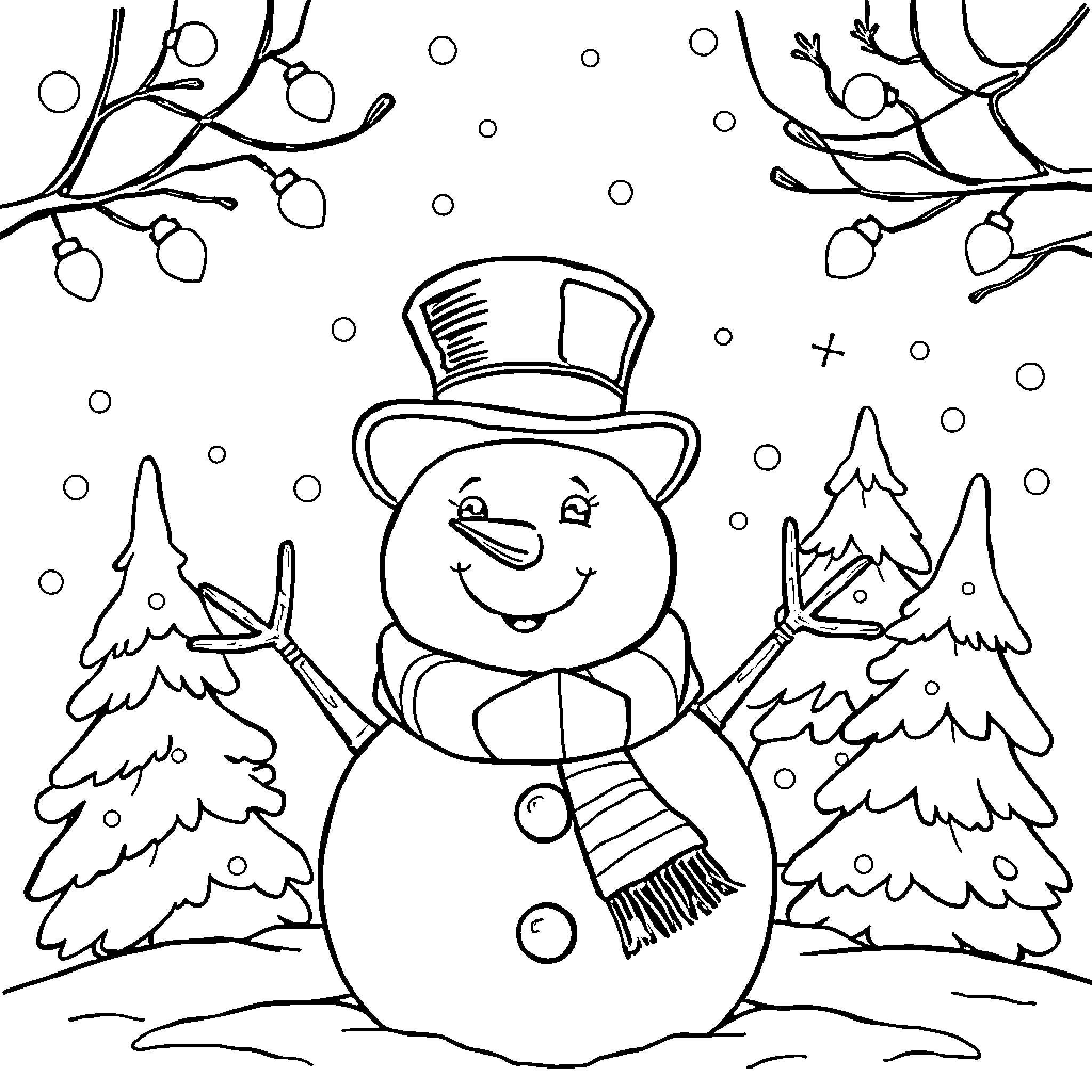 Snowman enjoying a snowy scene with trees Coloring Page (free black-and-white line drawing printable PDF for all, from beginners to advanced learners, including children, teens, adults, and seniors)